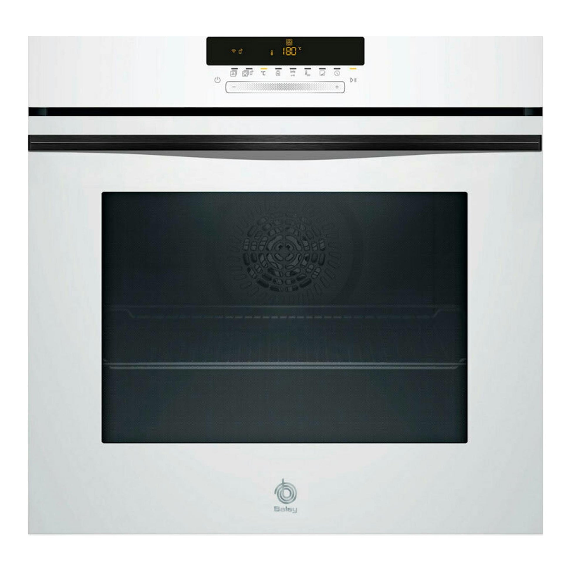 Horno Balay 3HB5879B7 blanco, vista frontal, con puerta de cristal negro y panel digital superior.
