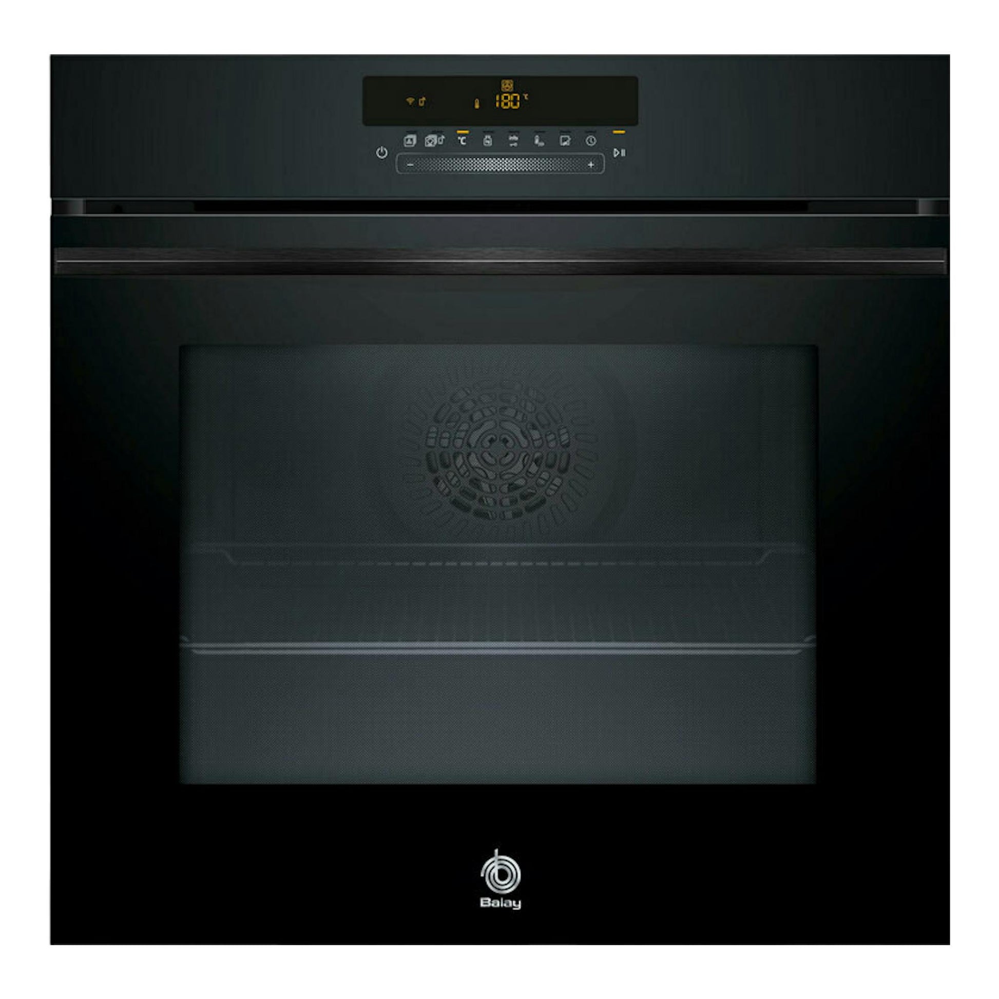 Horno Balay 3HB5879N7 de cristal negro, vista frontal, con panel digital y puerta de vidrio.