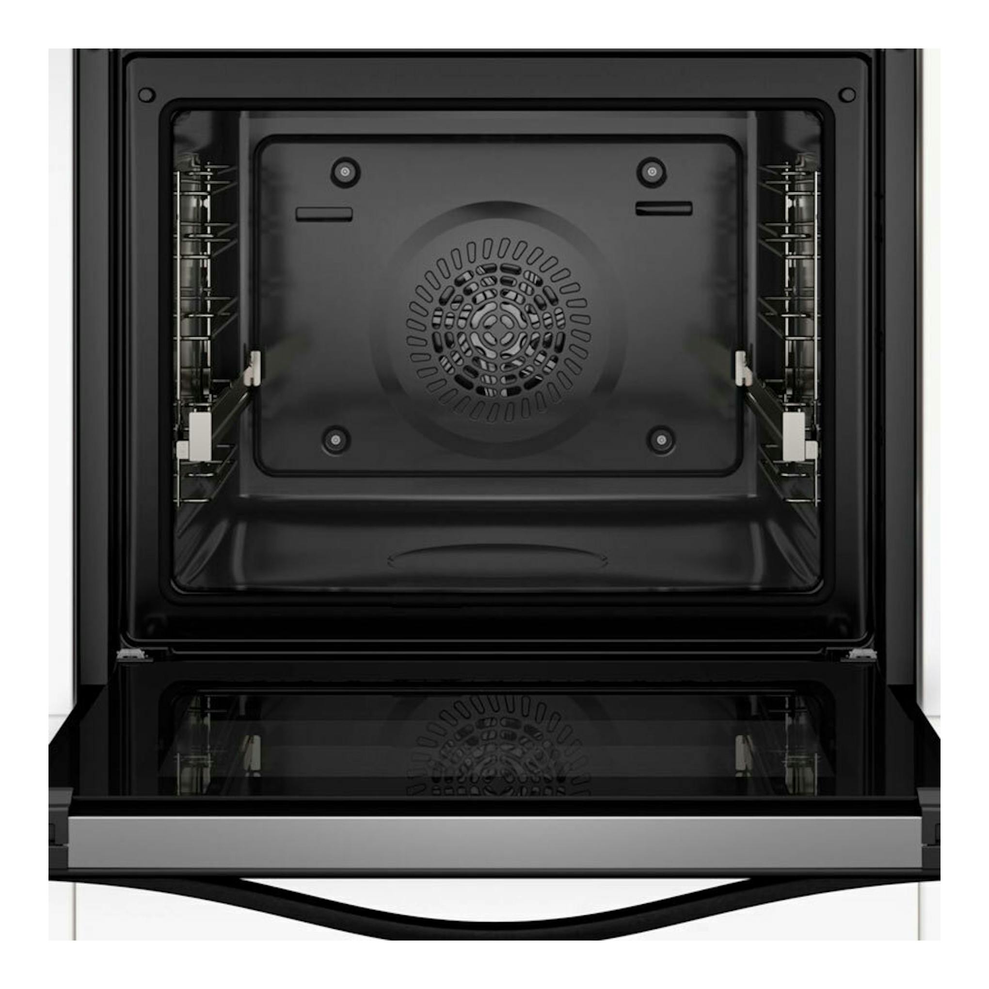 Horno Balay 3HB5879N7 de cristal negro, vista frontal con la puerta abierta y el interior visible.