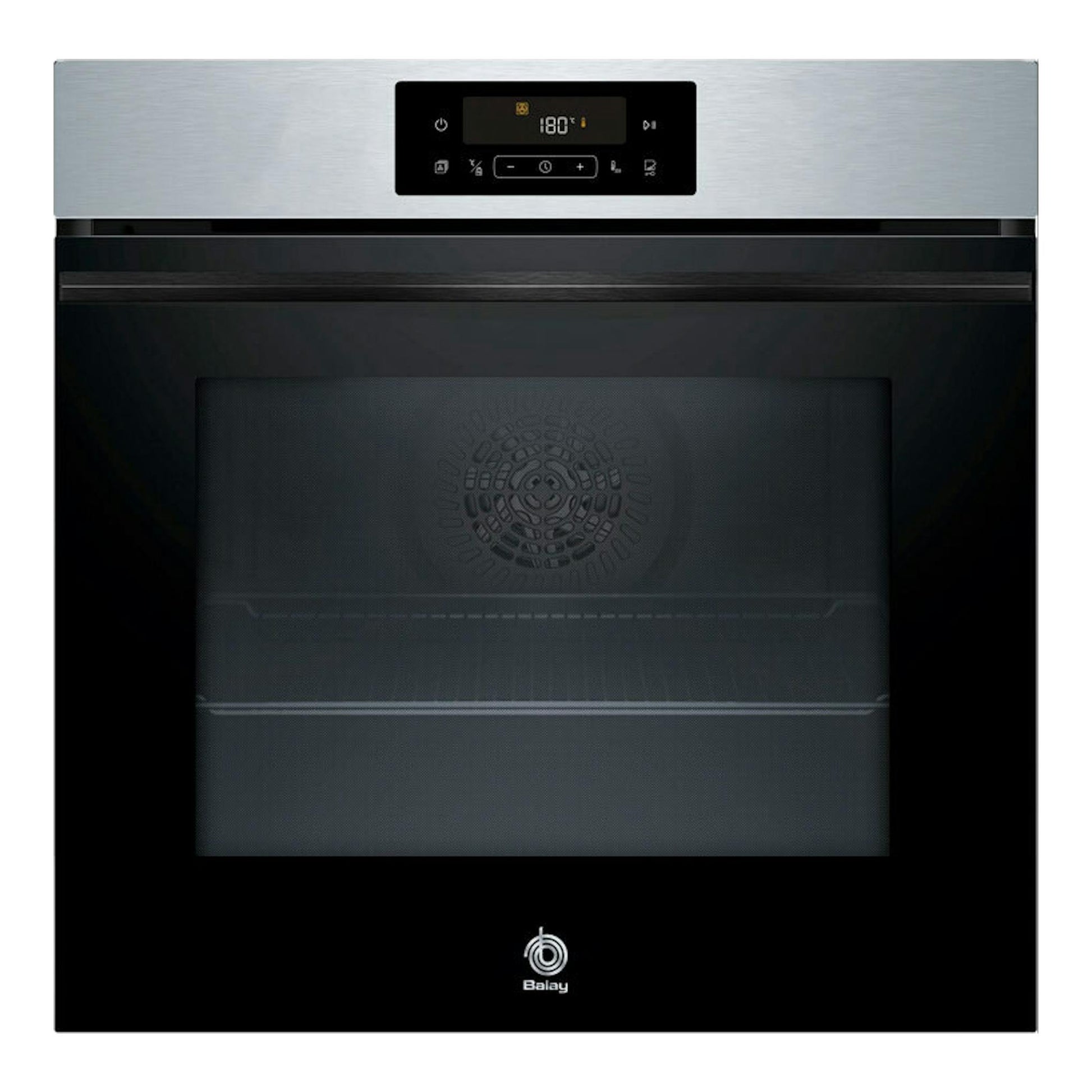 Horno Balay 3HD4821X3 inox, vista frontal, puerta negra con panel superior digital y acabado de acero inoxidable.