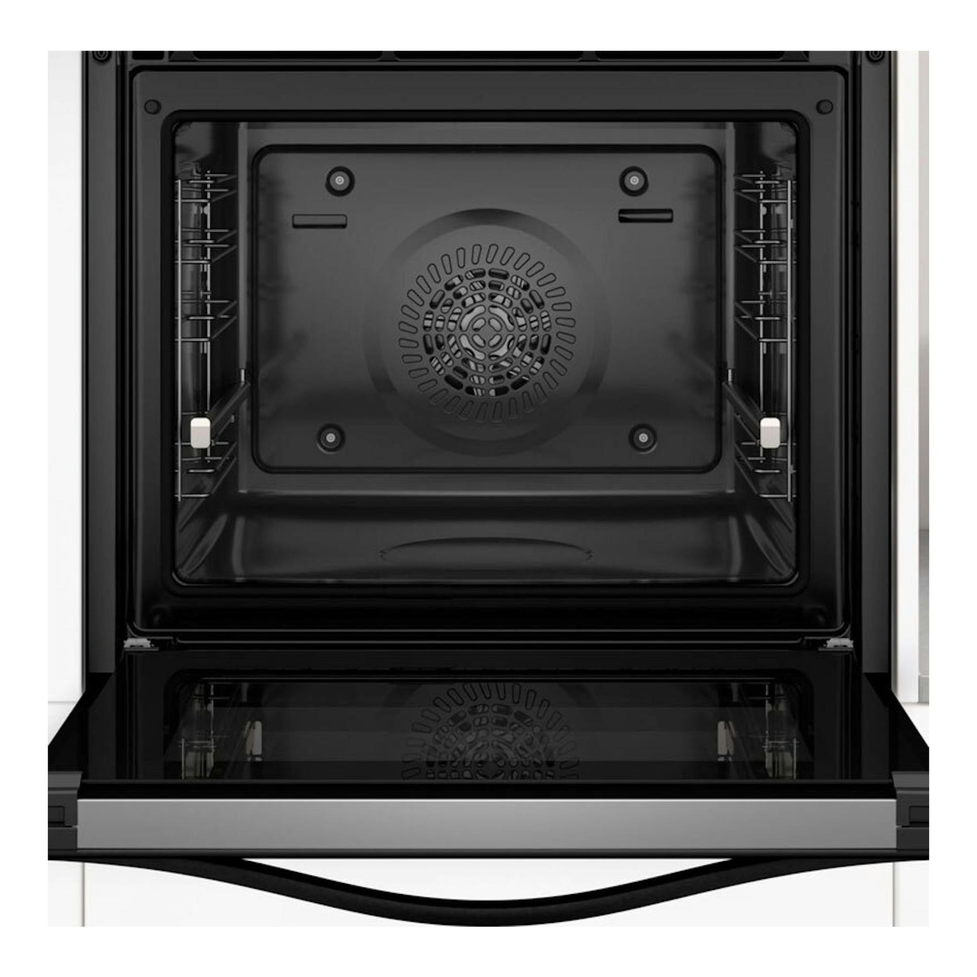 Balay 3HD4821X3 Inox, horno empotrado negro, vista frontal con la puerta abatida y el interior abierto.