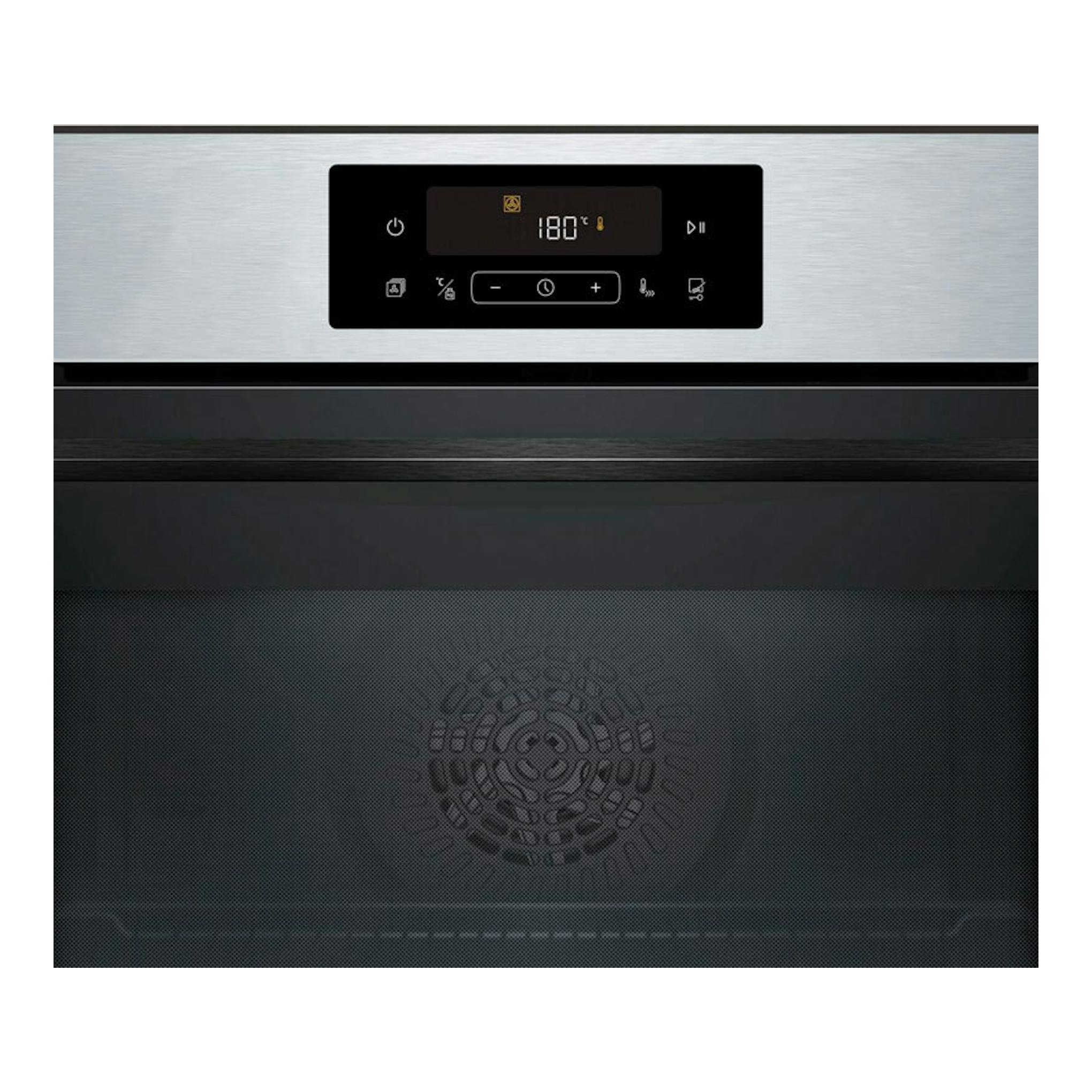 Horno Balay 3HD4821X3 inox, vista frontal, panel digital negro con pantalla a 180 °C y puerta de vidrio negro.