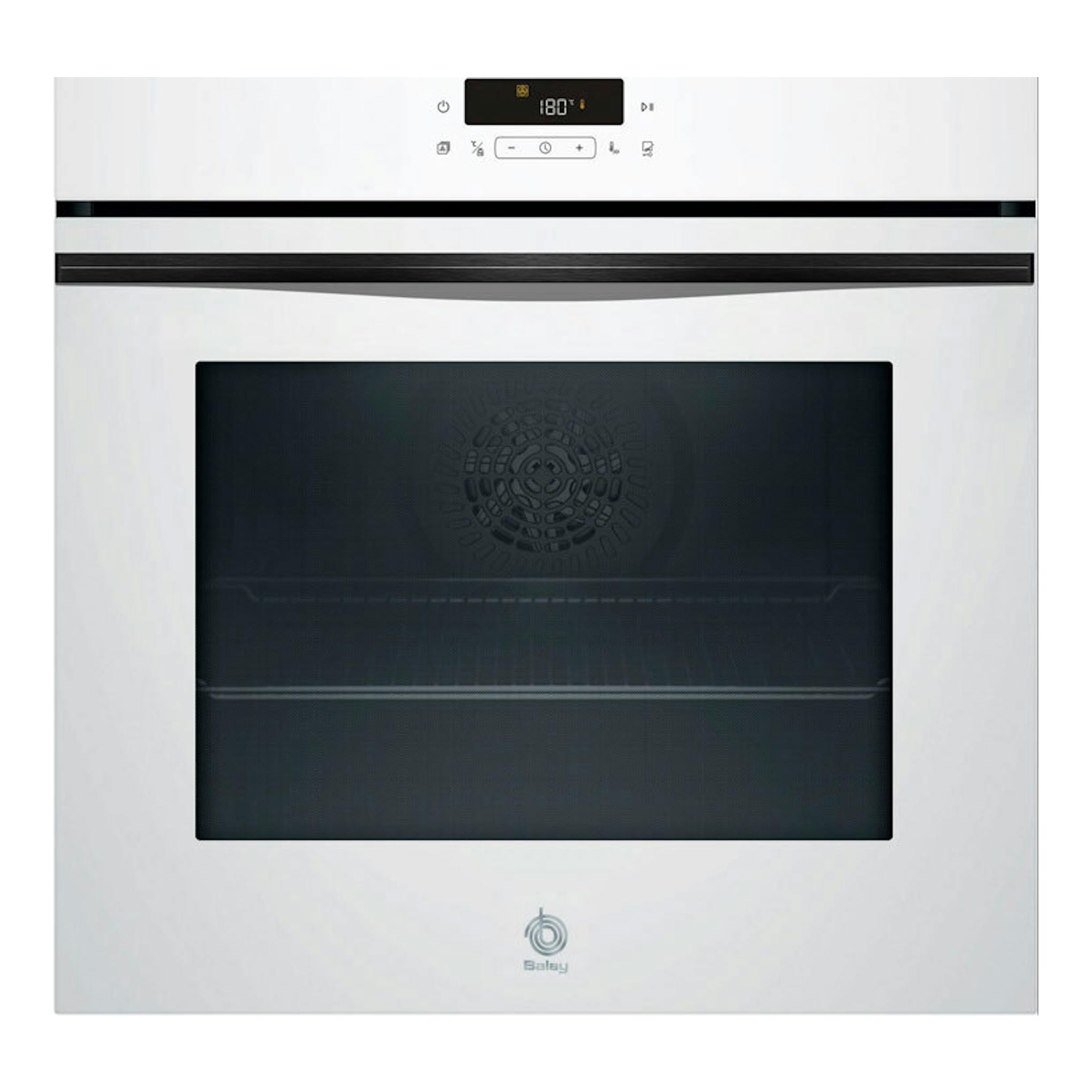 Horno Balay 3HD5829B3 blanco, vista frontal, con puerta de cristal negro y panel digital superior.