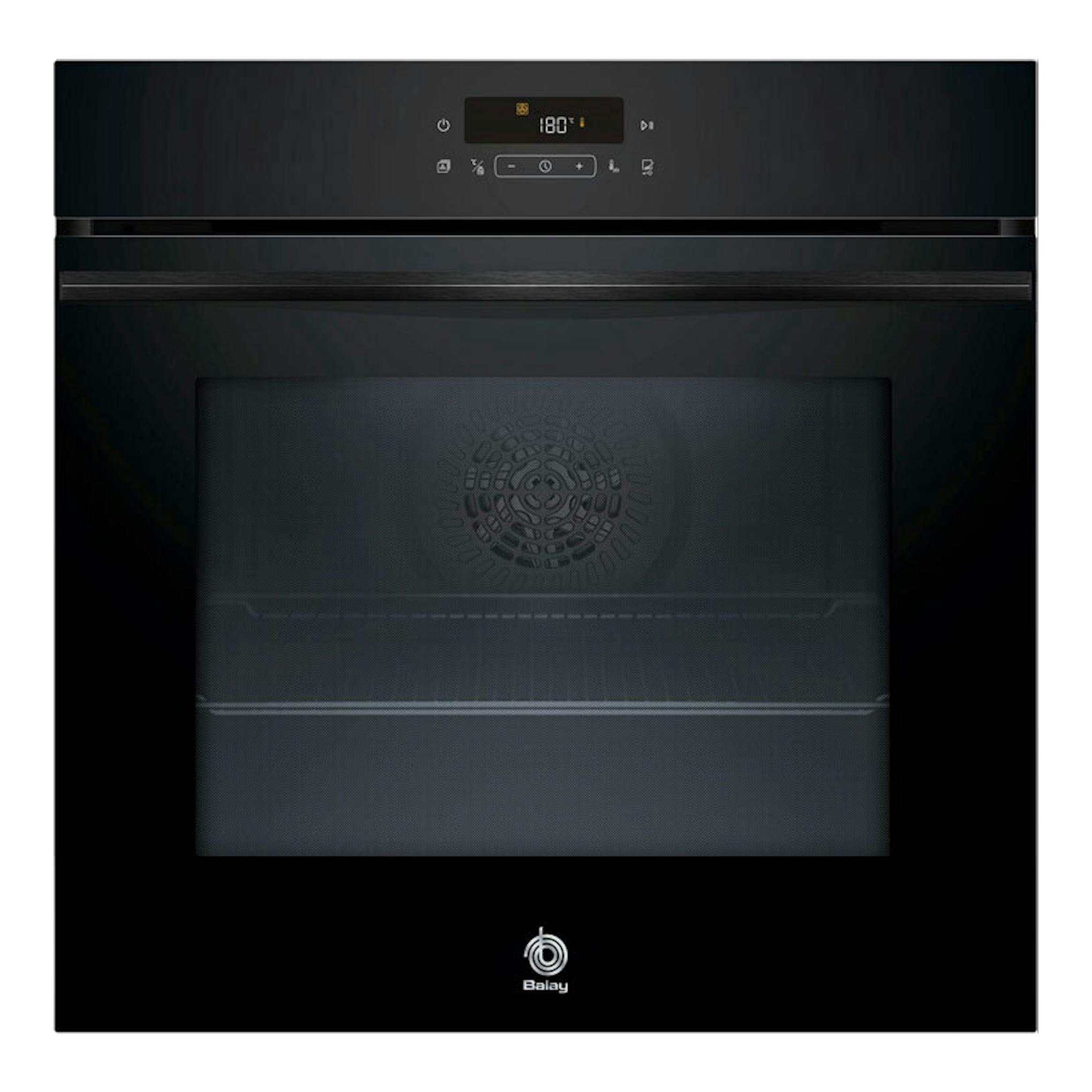 Horno Balay 3HD5829N3 de cristal negro, vista frontal, con panel digital y puerta de vidrio.