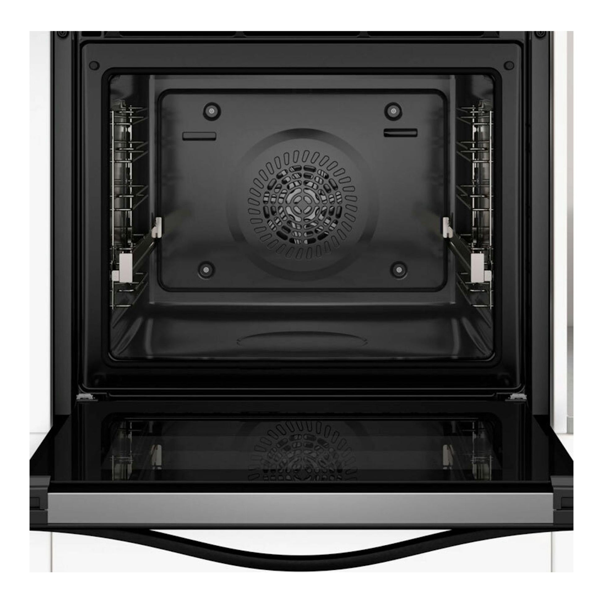 Horno Balay 3HD5829N3 de cristal negro, vista frontal con la puerta abierta e interior visible.