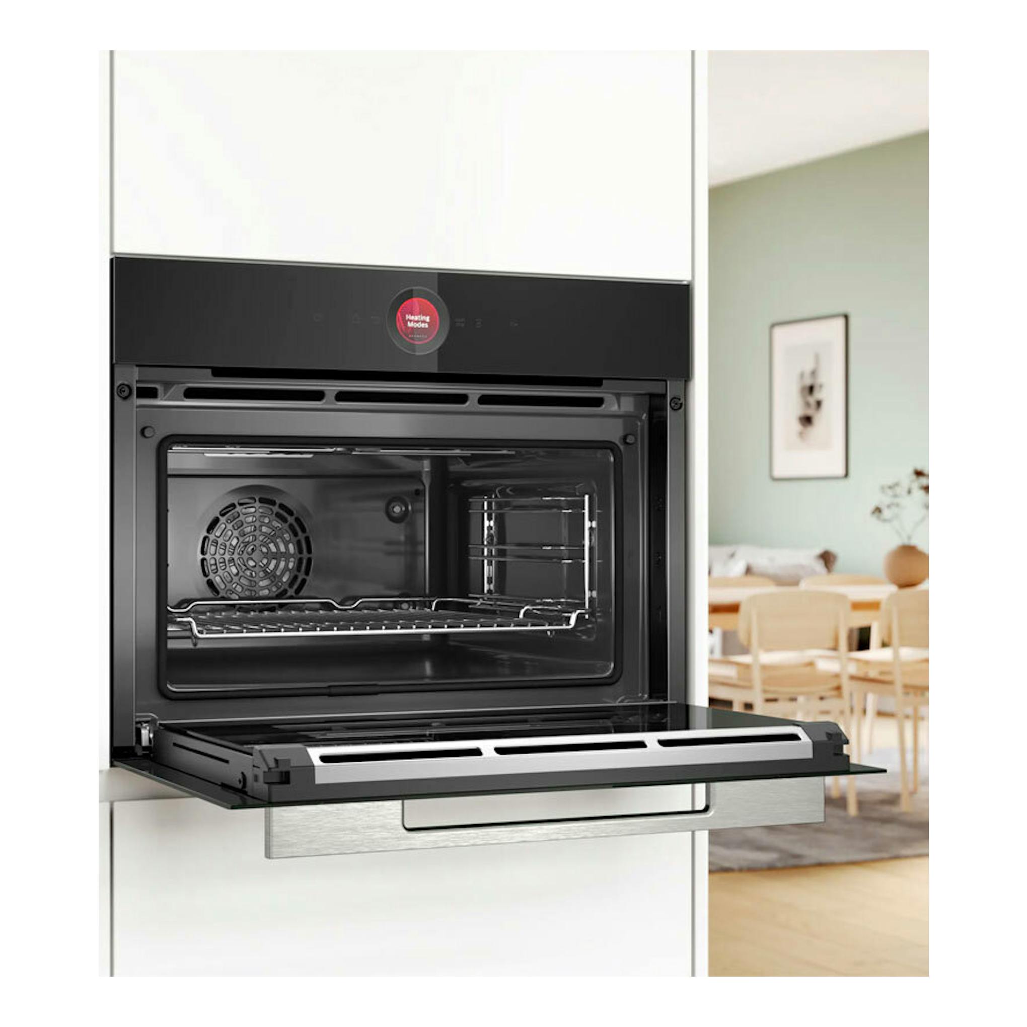 Horno empotrado Bosch CBG7741B1 negro, con puerta abatible abierta y interior visible, vista frontal.