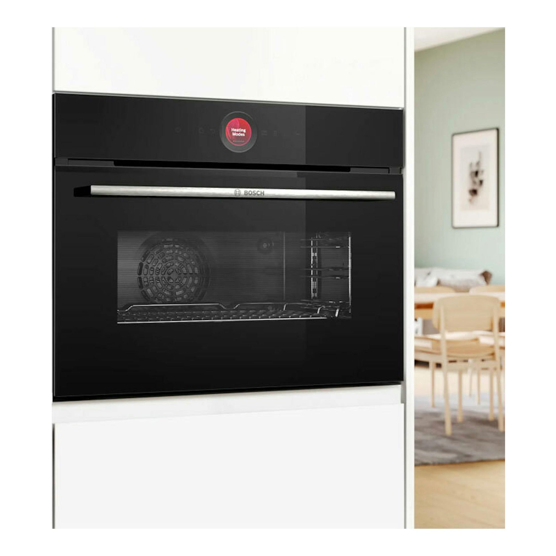 Horno empotrable Bosch CBG7741B1 negro, vista frontal con puerta de cristal y panel de control superior.