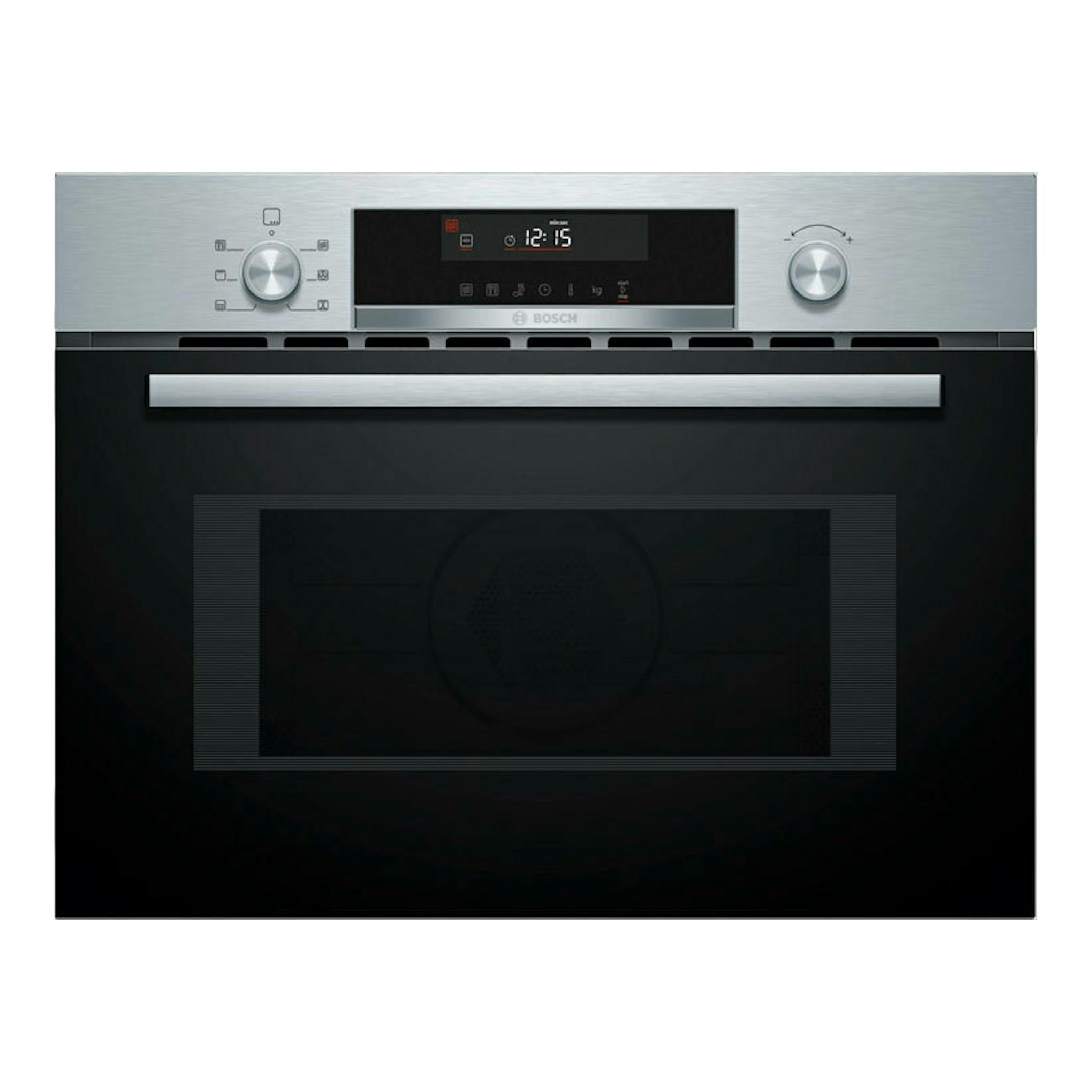 Horno Bosch CMA585GS1 inox, vista frontal, panel superior de acero, puerta negra y display digital.