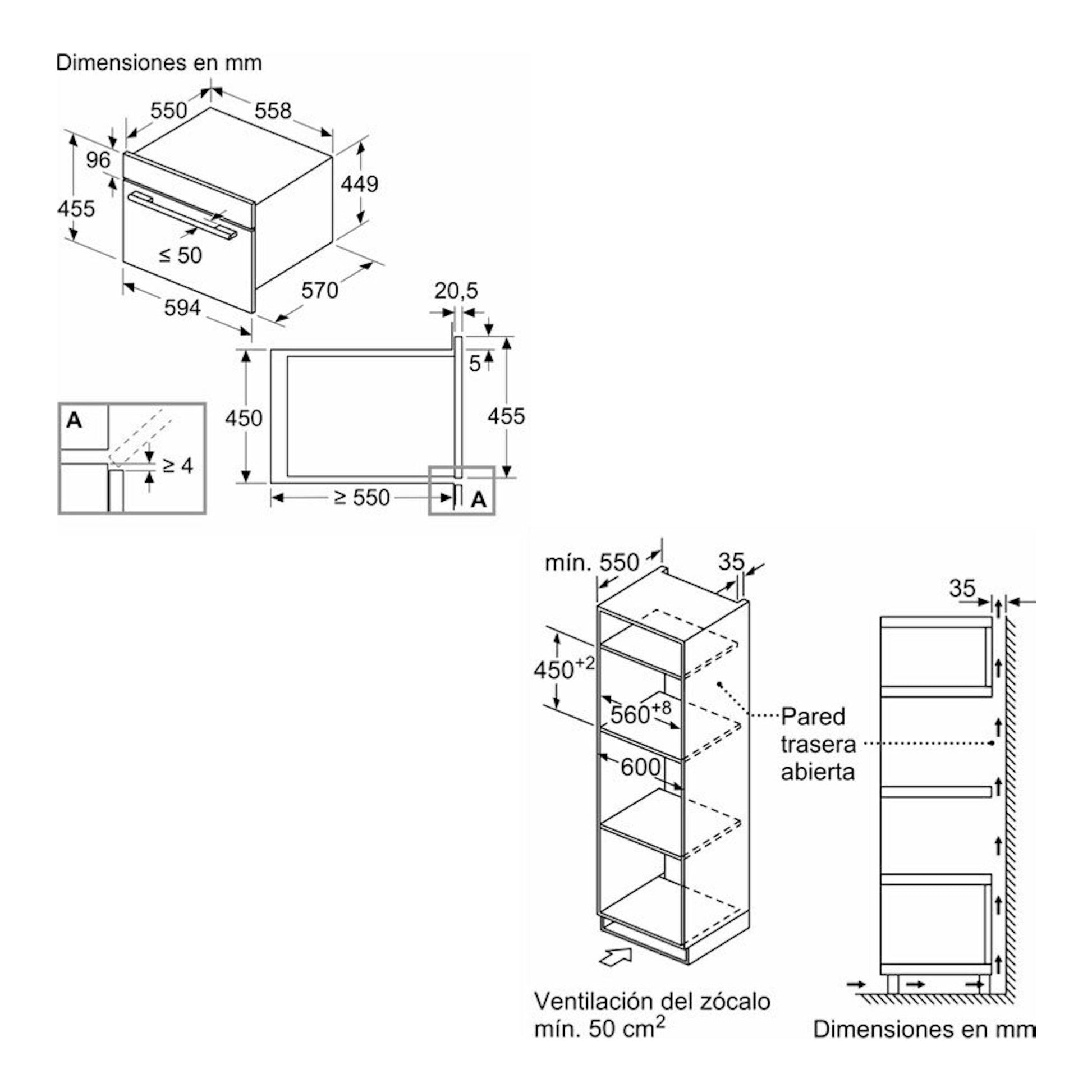 Bosch CMA585GS1 Inox: esquema técnico de dimensiones e instalación de horno empotrable, vistas frontal y lateral.
