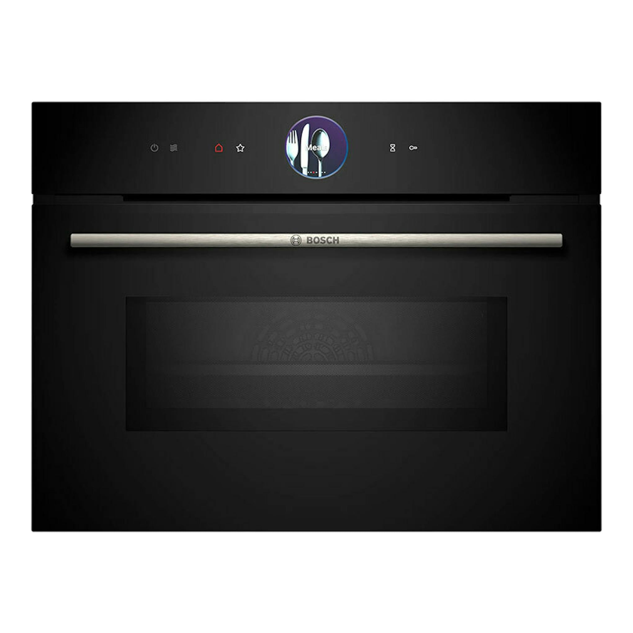 Horno Bosch CMG7761B1 negro, vista frontal, con panel táctil superior y puerta con cristal oscuro.