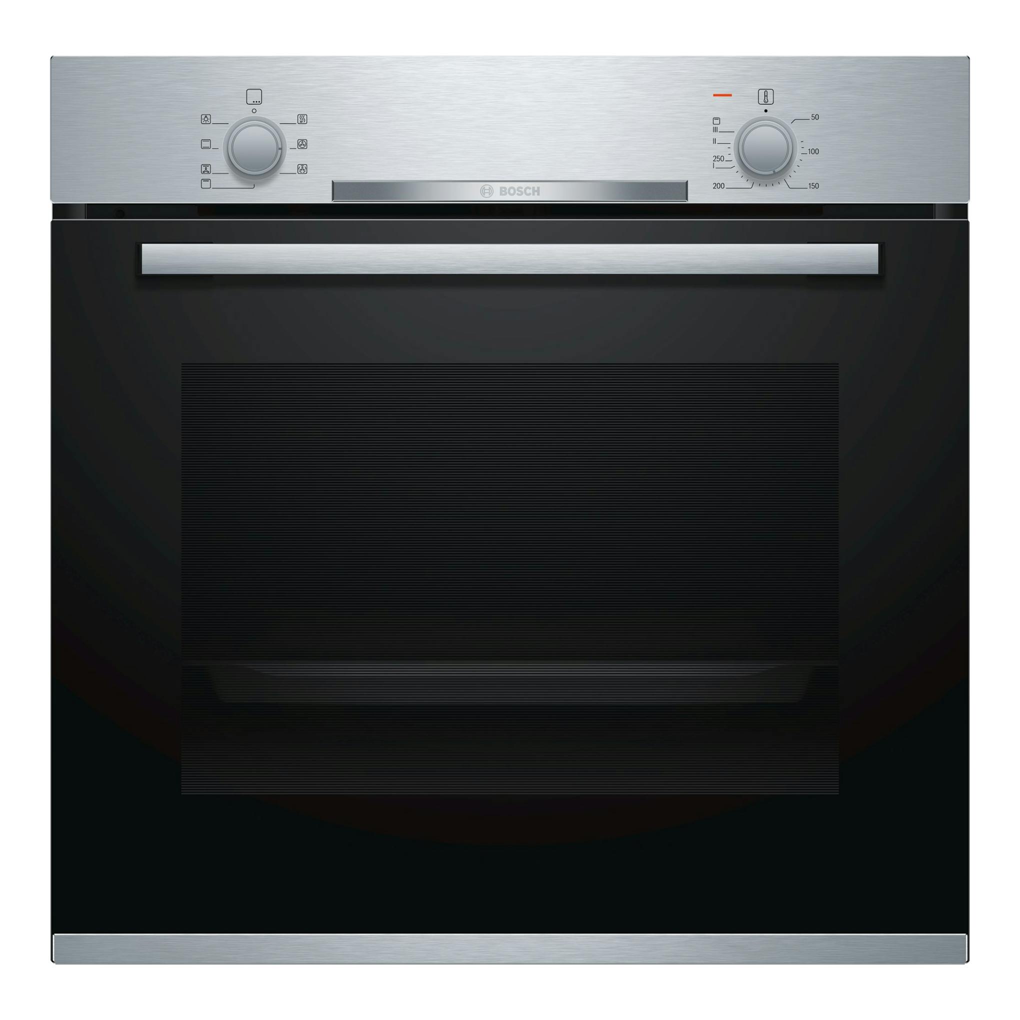 Horno Bosch HBA510BR0 Serie 2, vista frontal, acabado inox y puerta negra con dos mandos.