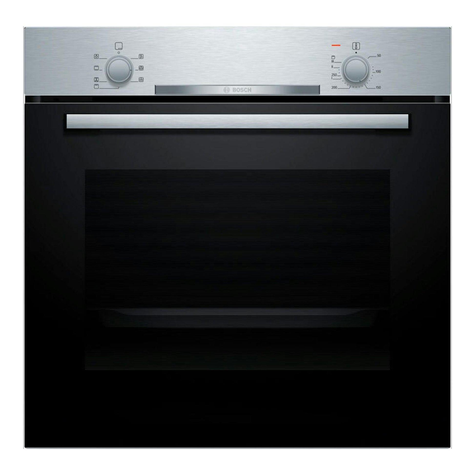 Horno Bosch HBA510BR4 inox, vista frontal, puerta negra y panel superior plateado con dos mandos.