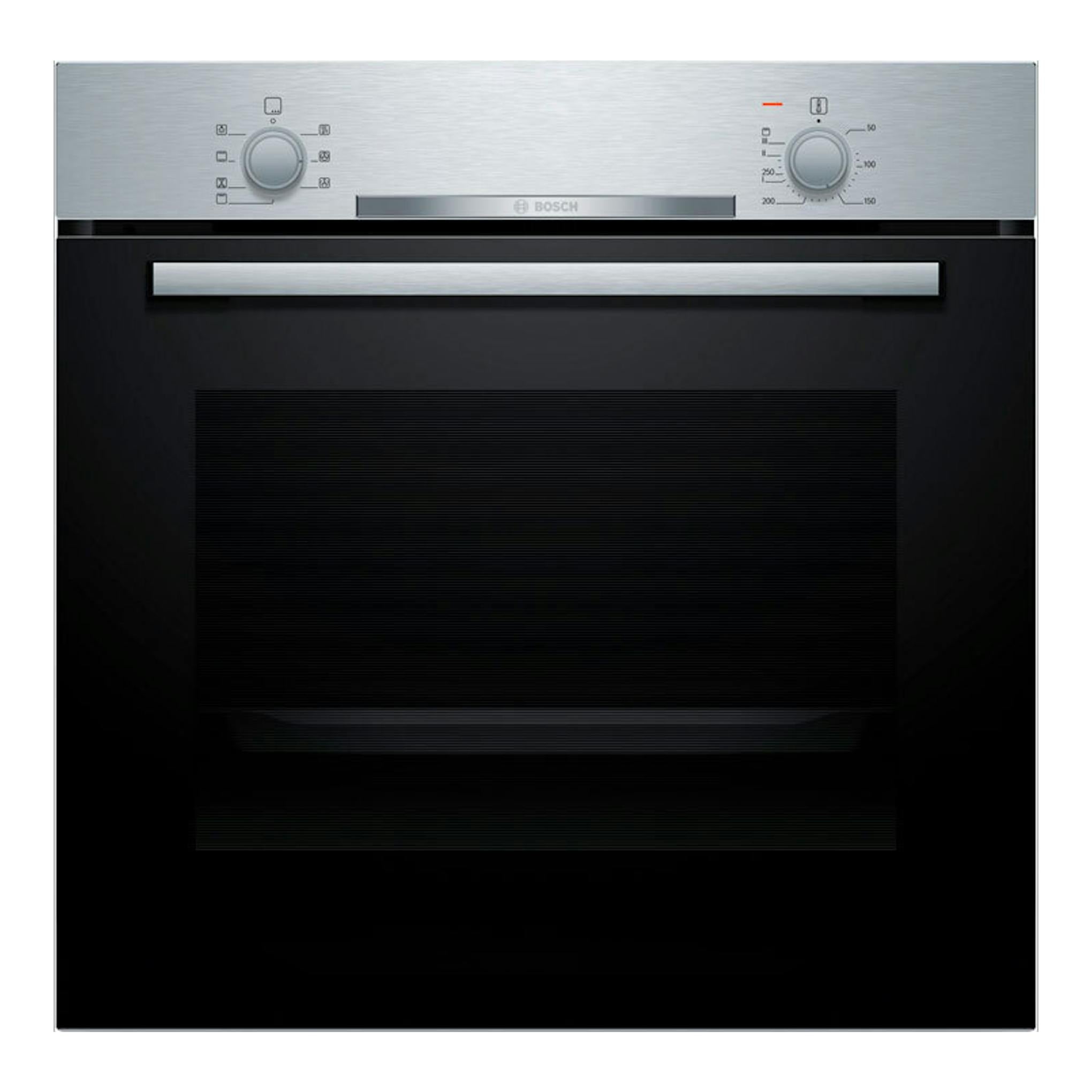 Horno Bosch HBA510BR4 inox, vista frontal, puerta negra y panel superior plateado con dos mandos.