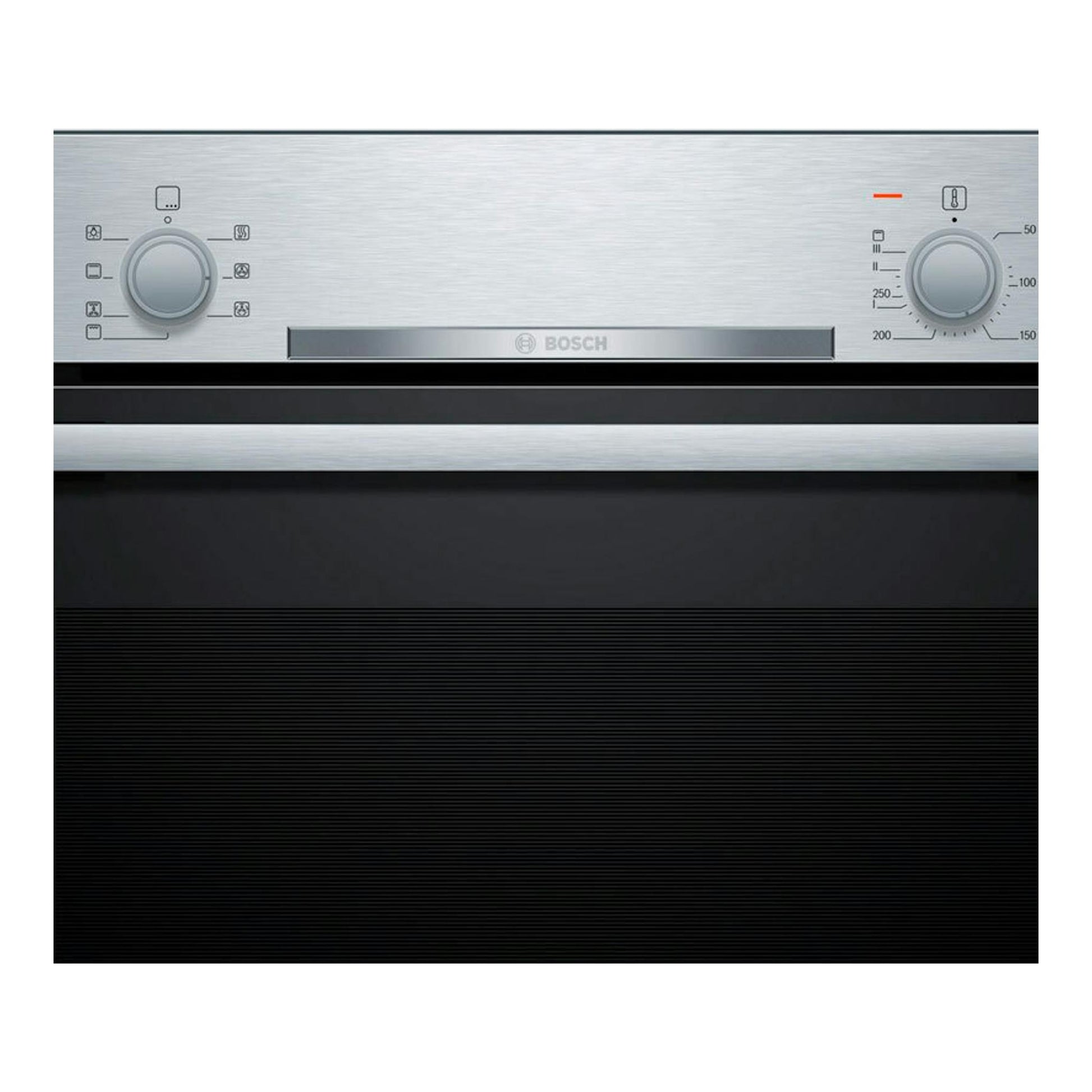 Horno Bosch HBA510BR4 inox, vista frontal, con dos mandos giratorios y puerta negra.