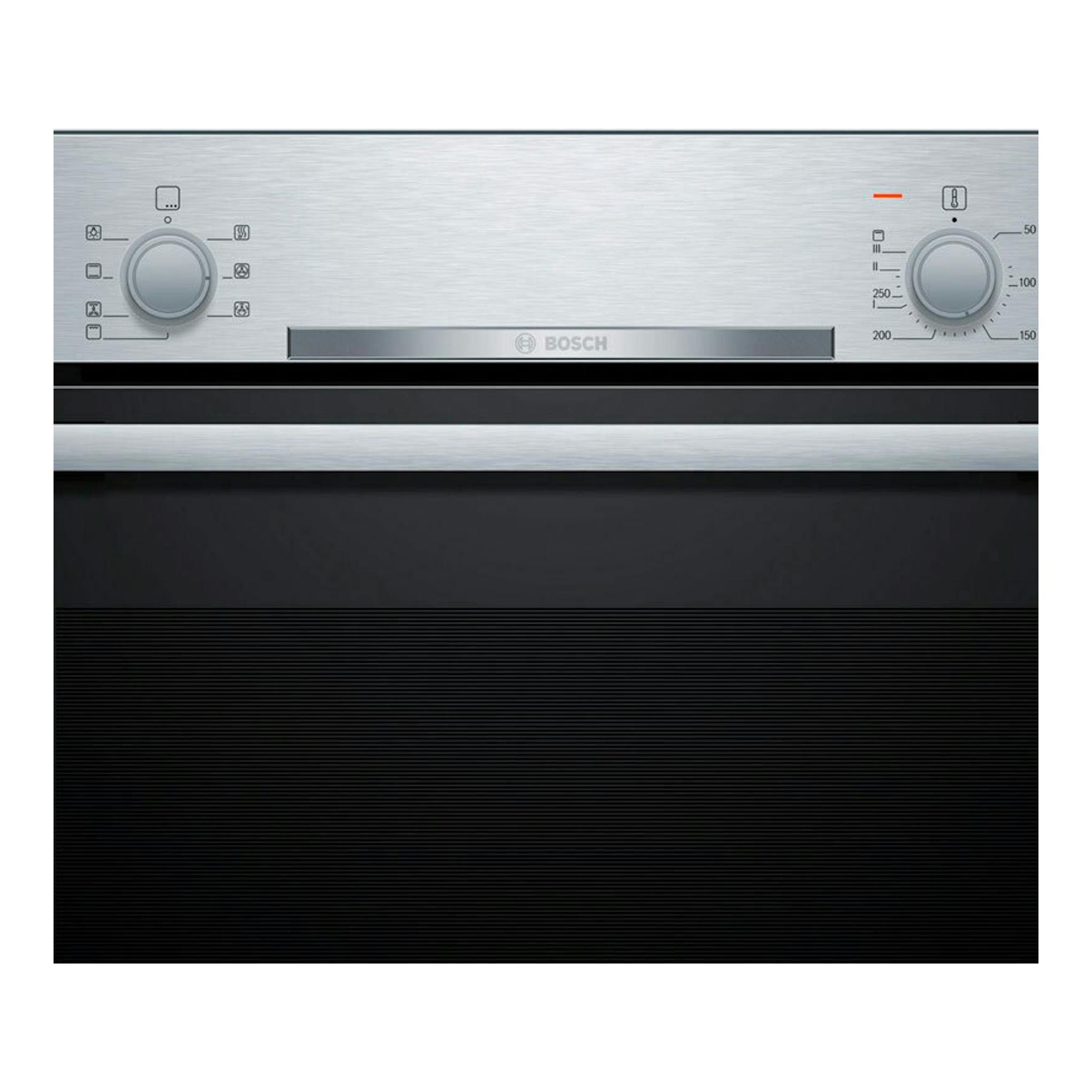 Horno Bosch HBA510BR4 inox, vista frontal, con dos mandos giratorios y puerta negra.