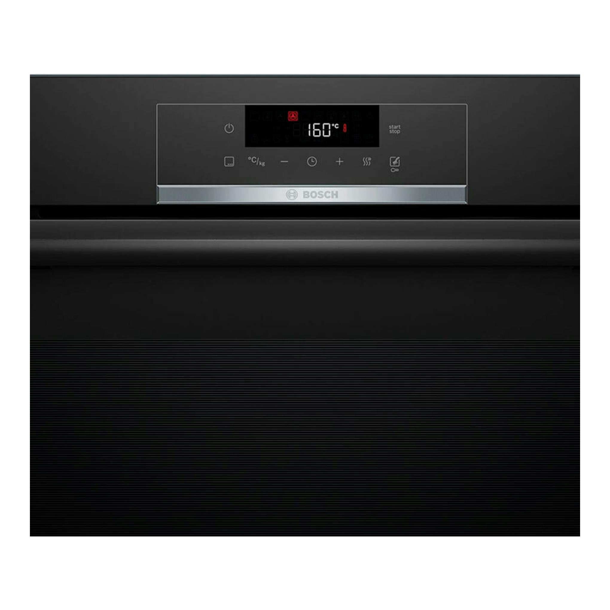 Horno Bosch HBA572EB3 negro, vista frontal con panel digital y puerta de vidrio.