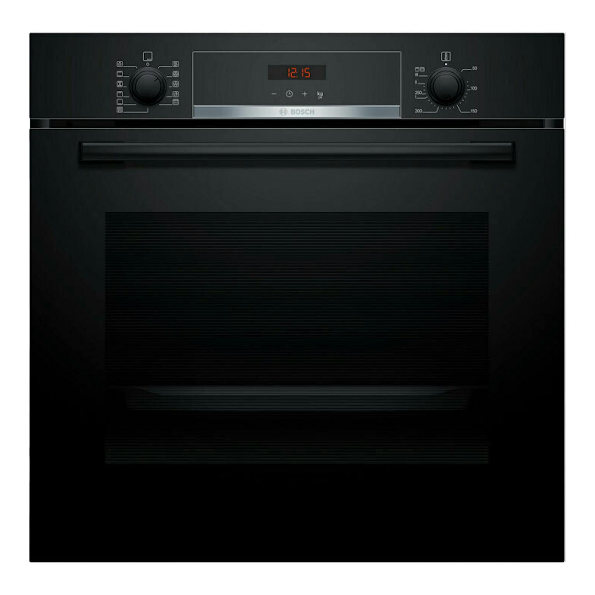 Horno Bosch HBA574BB3 negro, vista frontal con panel digital y dos mandos.