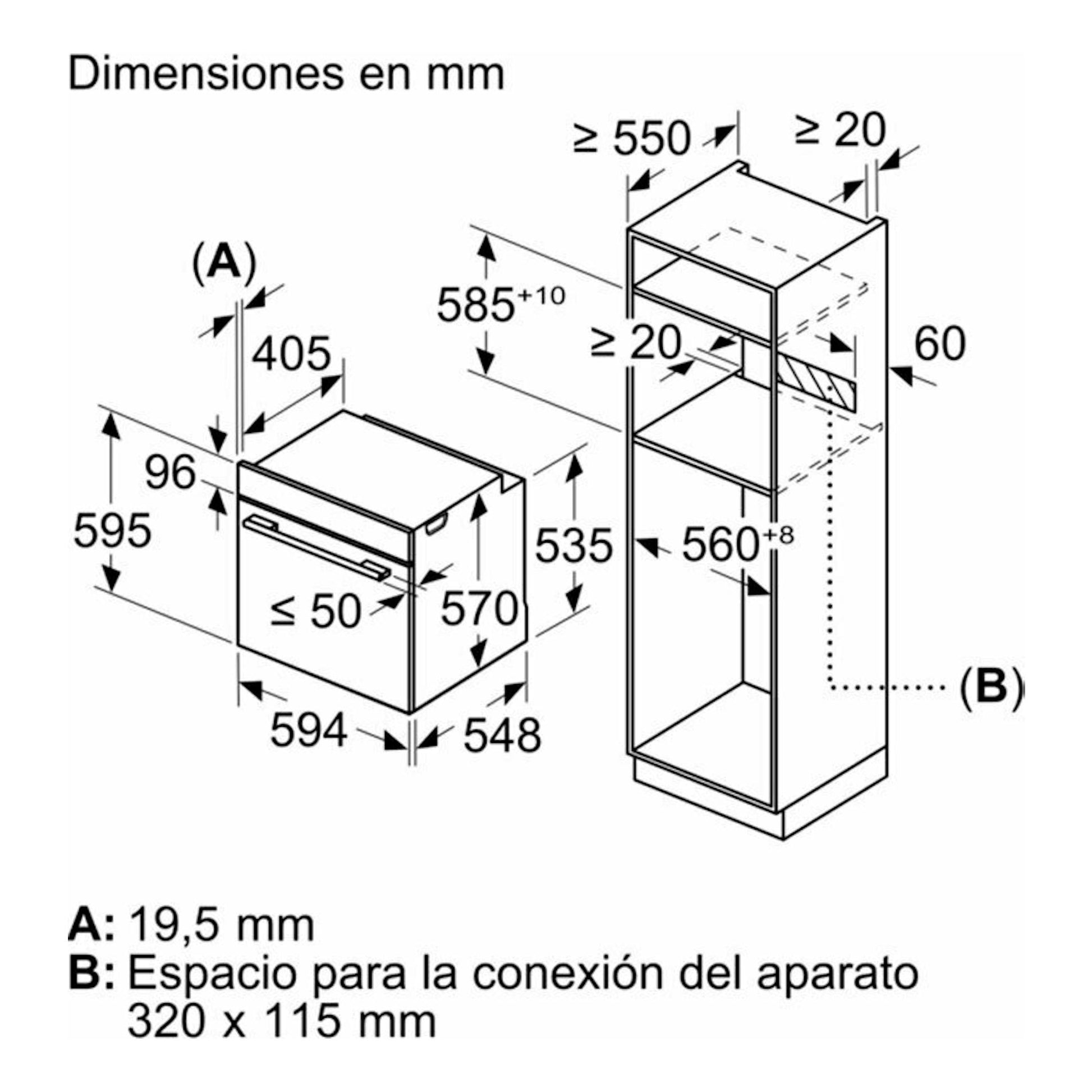 Bosch HBA574BB3: esquema técnico en blanco y negro con medidas del horno y del hueco de instalación.