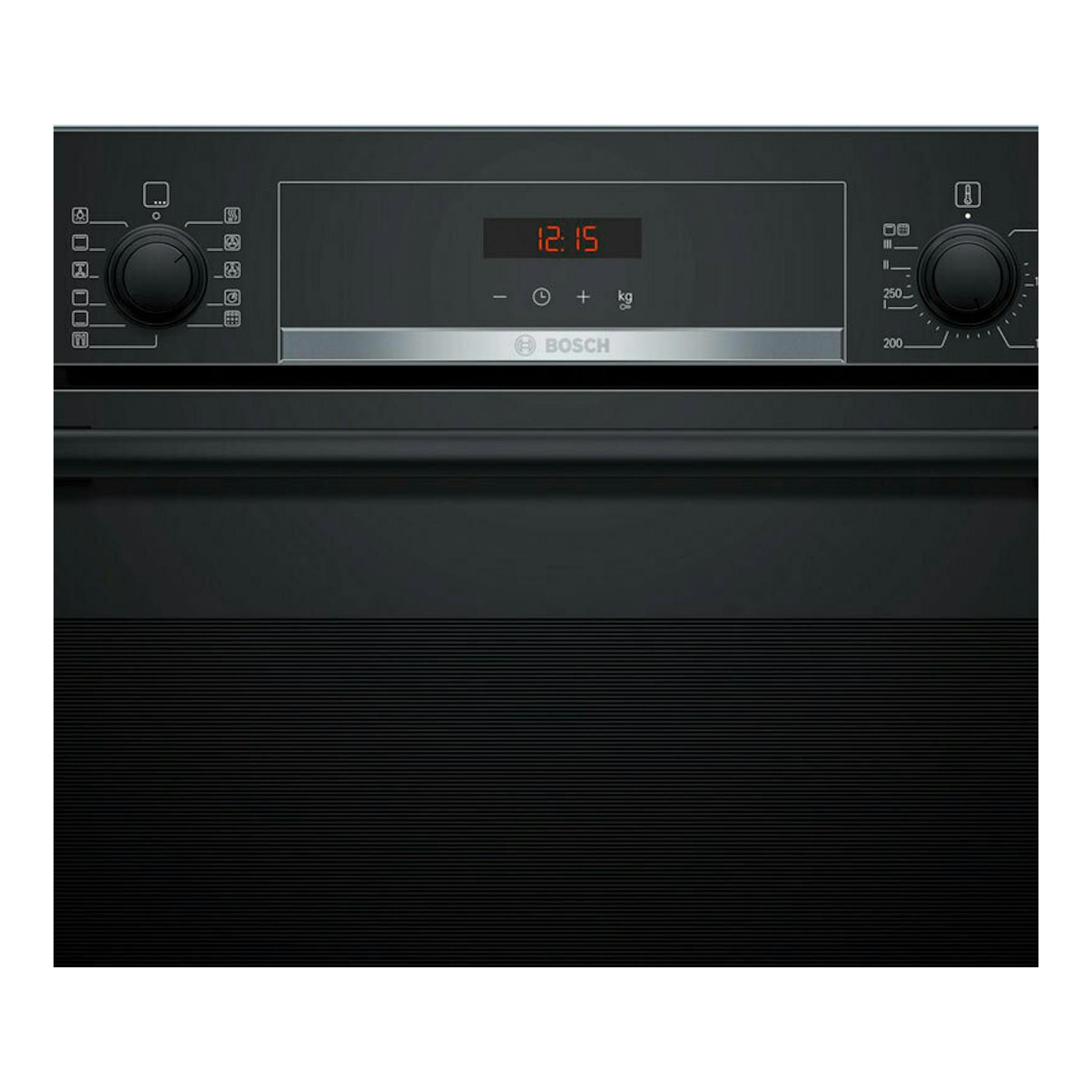 Horno Bosch HBA574BB3 negro, vista frontal, con dos mandos, pantalla digital y puerta de vidrio negro.