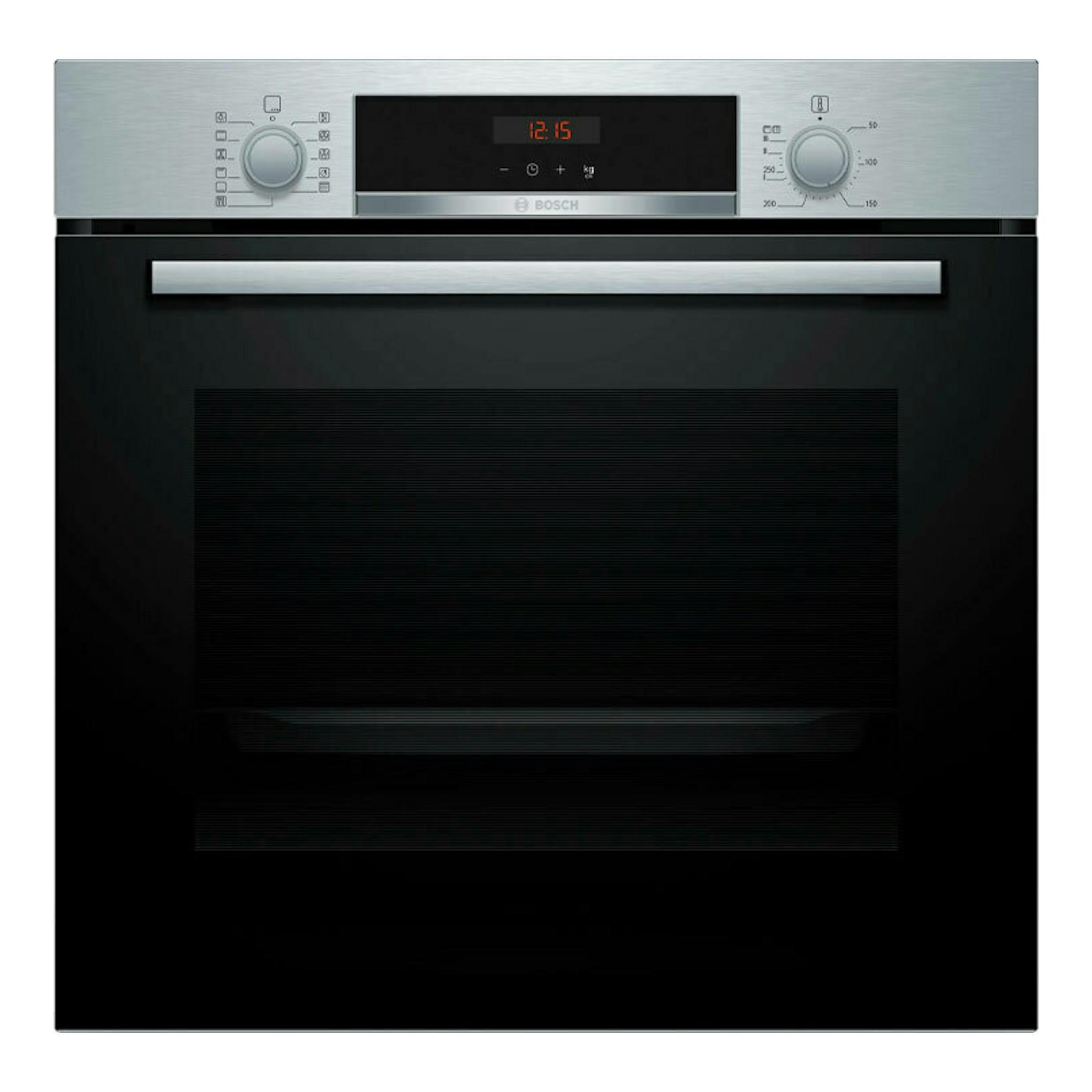 Horno Bosch HBA574ES3 inox, vista frontal, puerta negra con panel superior de acero y dos mandos.