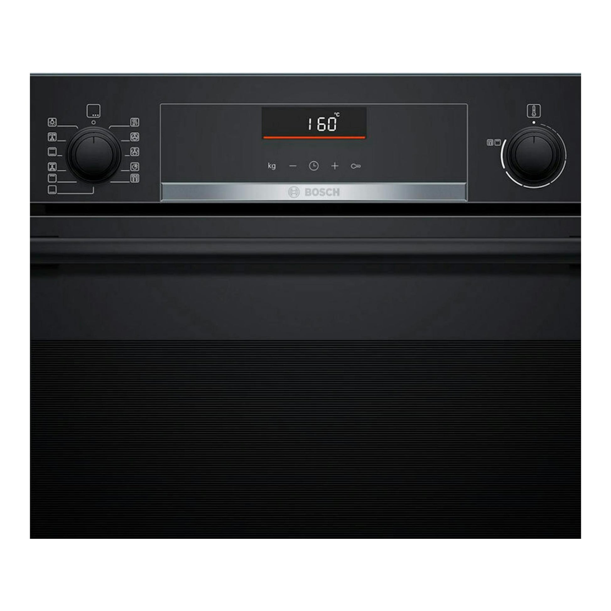 Horno Bosch HBG536EB4 negro, vista frontal con dos mandos y pantalla digital mostrando 160 °C.