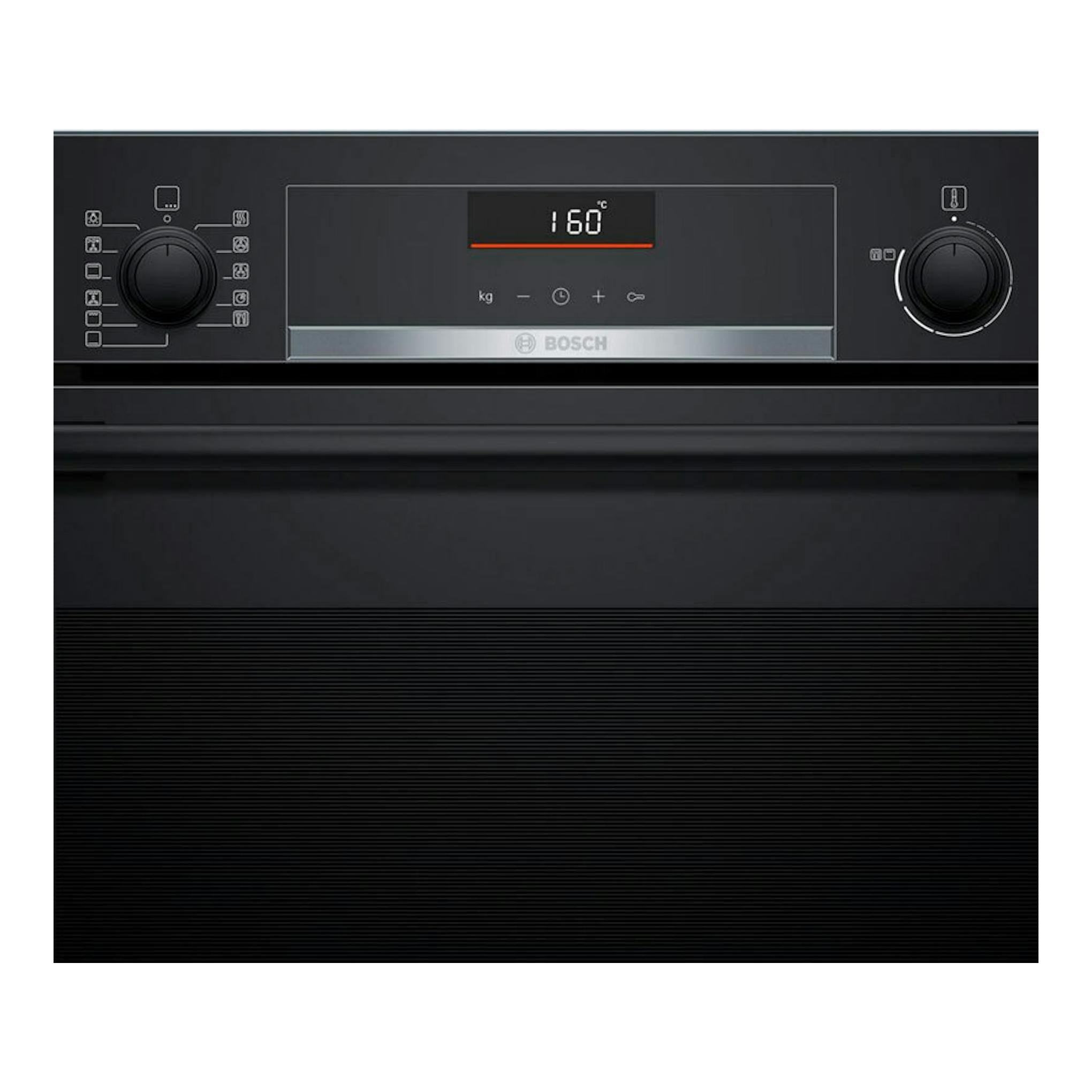 Horno Bosch HBG536EB4 negro, vista frontal con dos mandos y pantalla digital mostrando 160 °C.