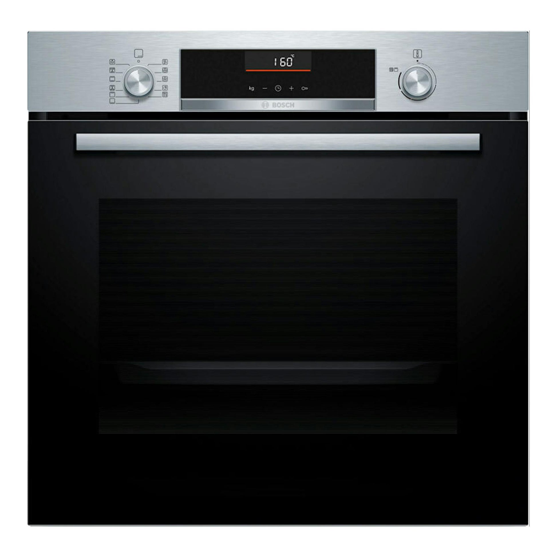 Horno Bosch HBG536ES4 inox, vista frontal, puerta negra con panel superior de acero inoxidable.