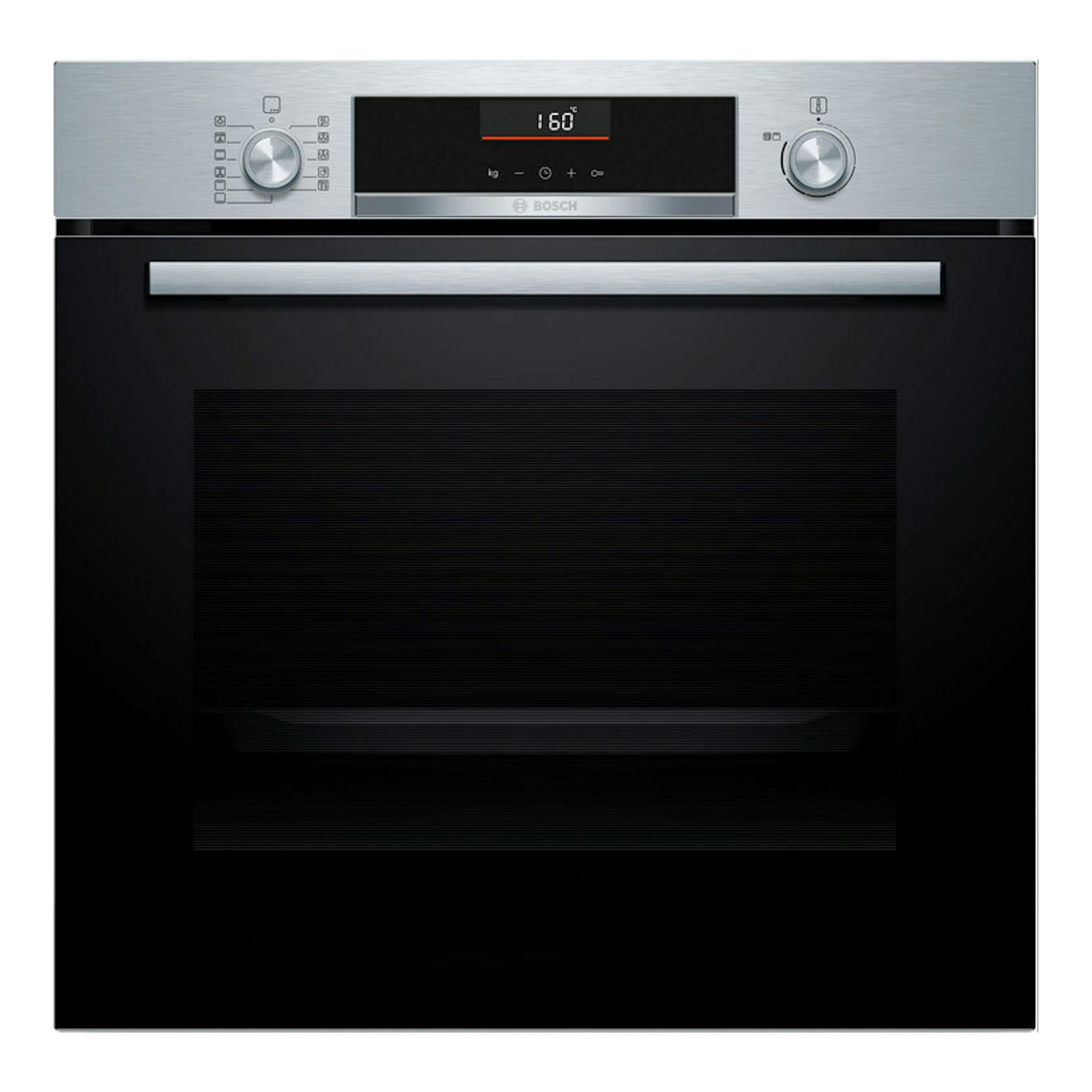 Horno Bosch HBG536ES4 inox, vista frontal, puerta negra con panel superior de acero inoxidable.