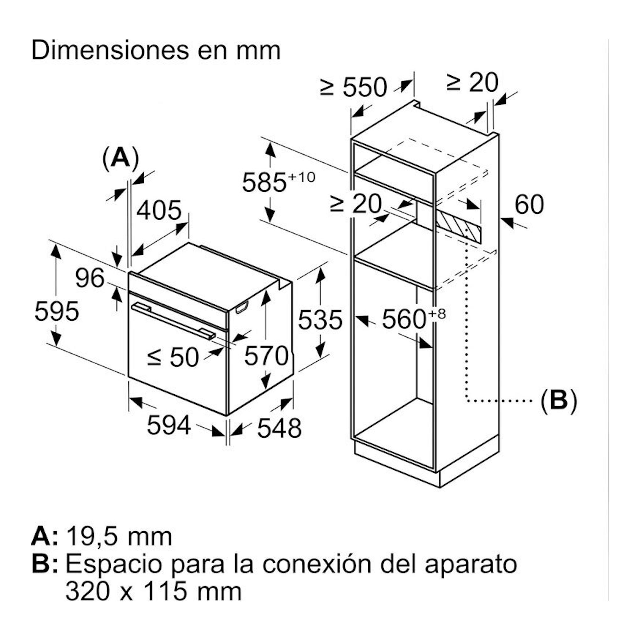 Bosch HBG536ES4 Inox: esquema técnico en blanco y negro con medidas de instalación de horno empotrado.
