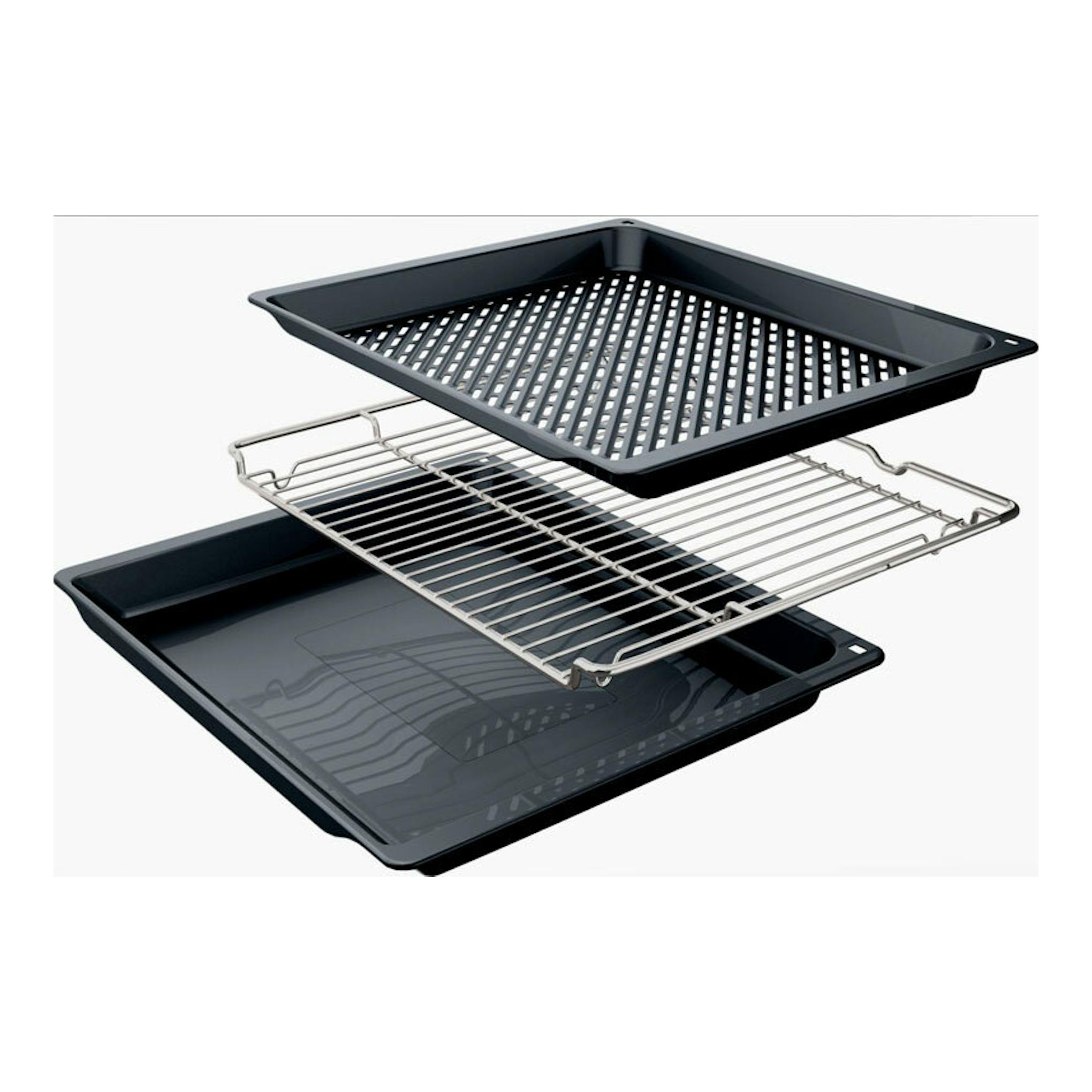 Bosch HBG536ES4: vista explotada de bandejas y rejilla de horno, negras y metálicas, sobre fondo blanco.