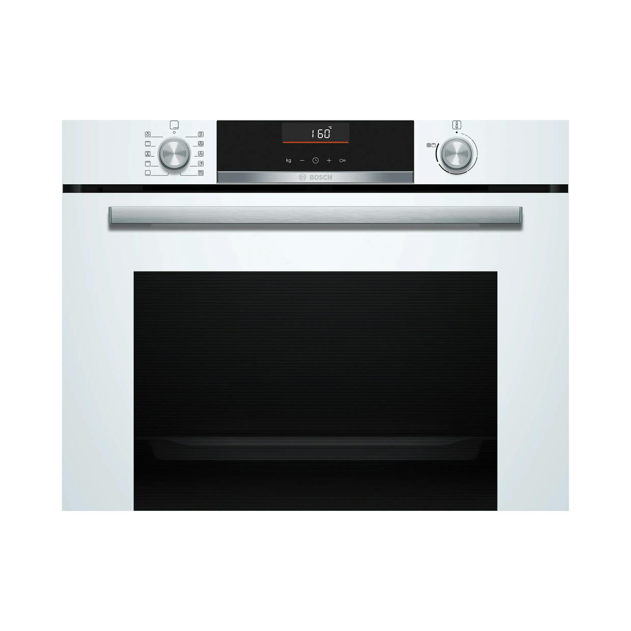 Horno Bosch HBG536EW3 empotrable blanco, vista frontal con puerta negra y panel digital.