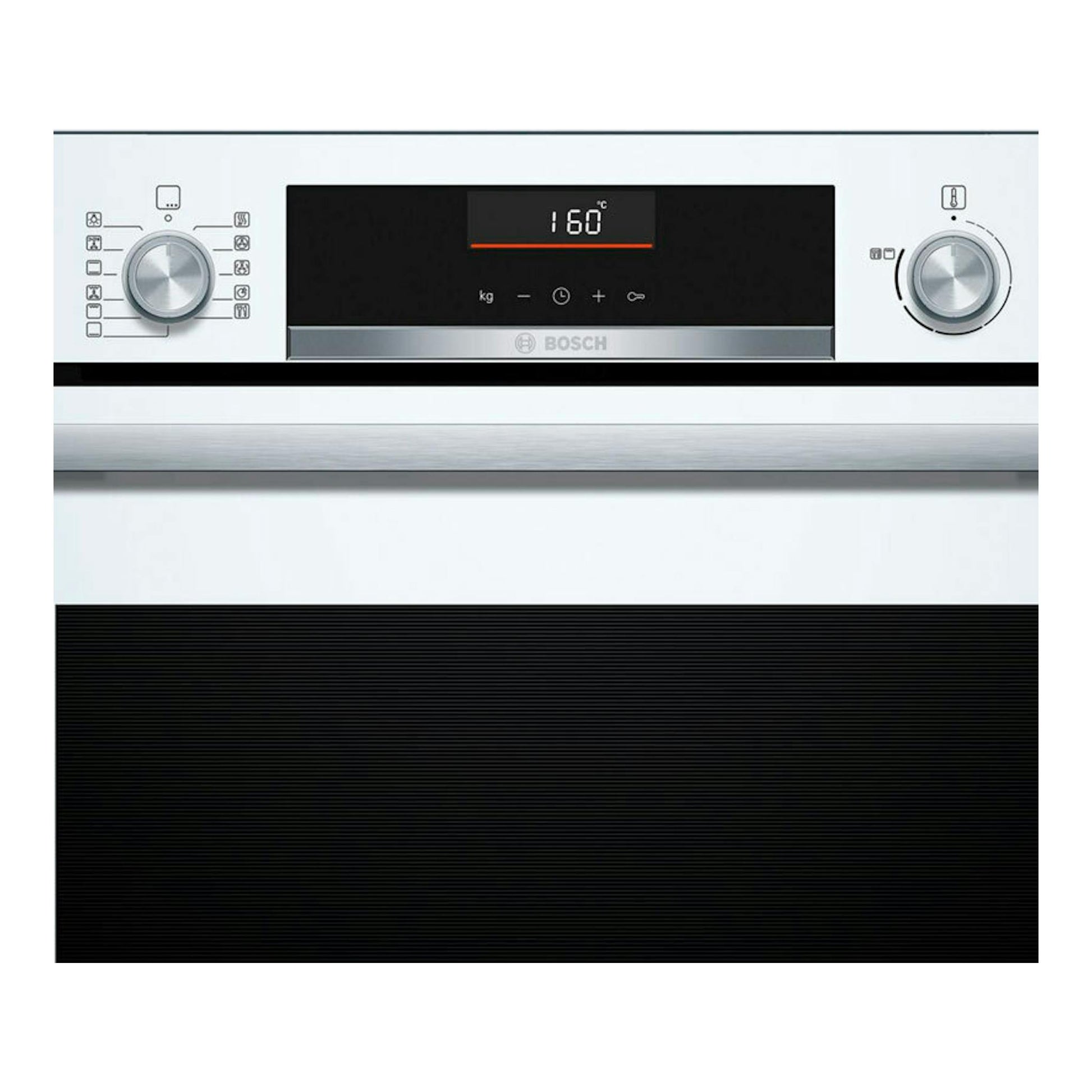 Horno Bosch HBG536EW4 blanco, vista frontal con panel digital y dos mandos.