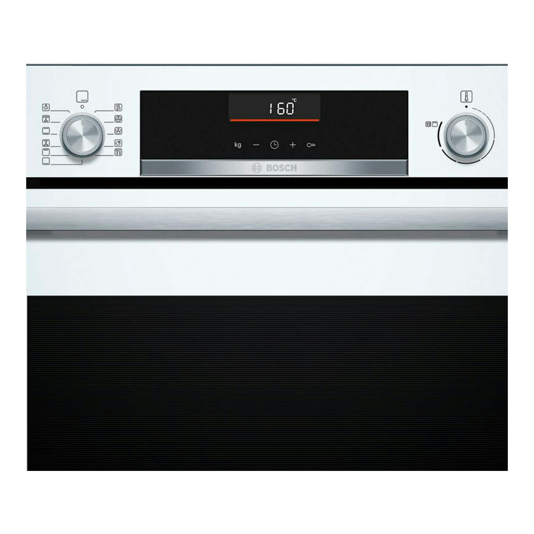 Horno Bosch HBG536EW4 blanco, vista frontal con panel digital y dos mandos.