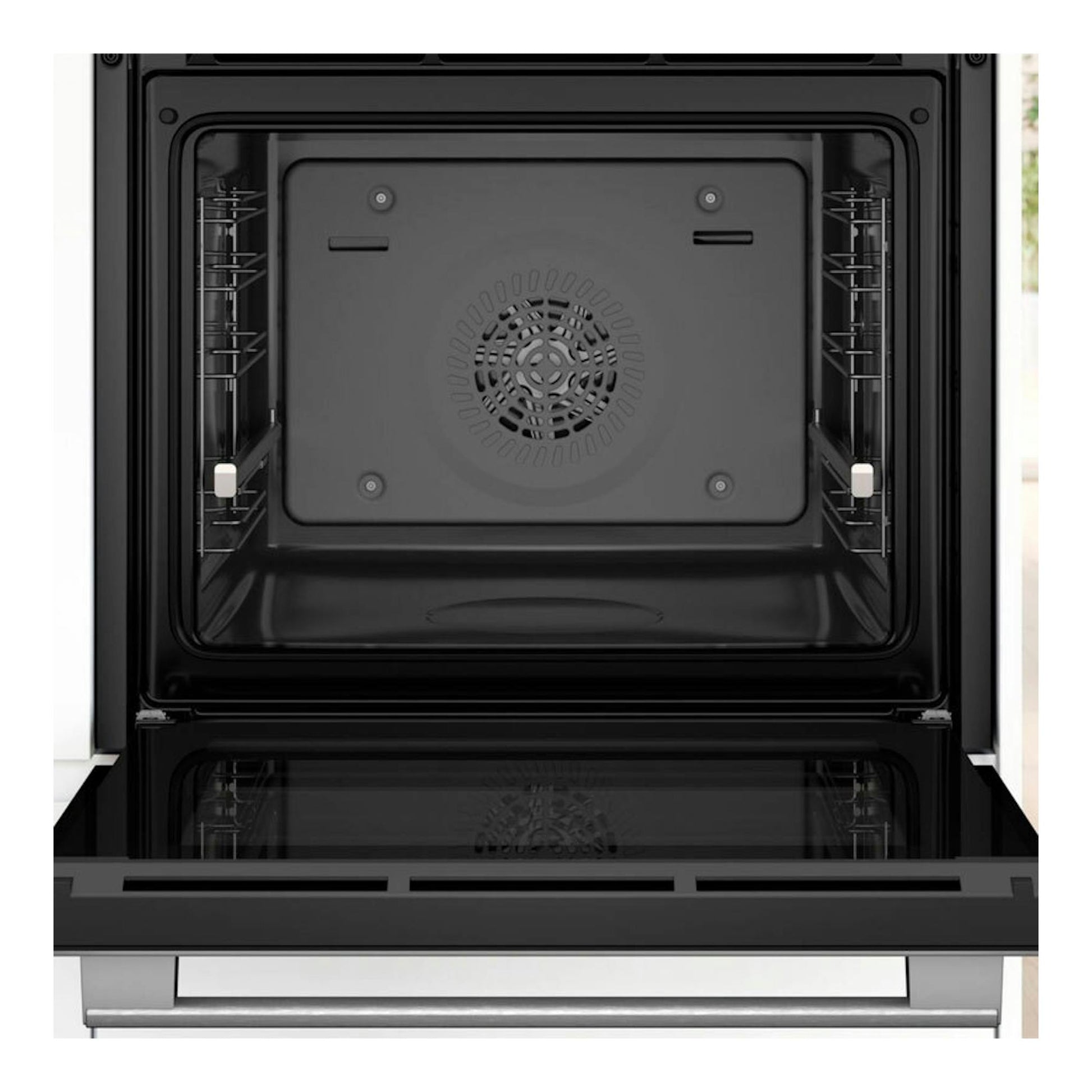 Horno Bosch HBG536EW4 blanco, vista frontal con la puerta abatida y el interior negro visible.
