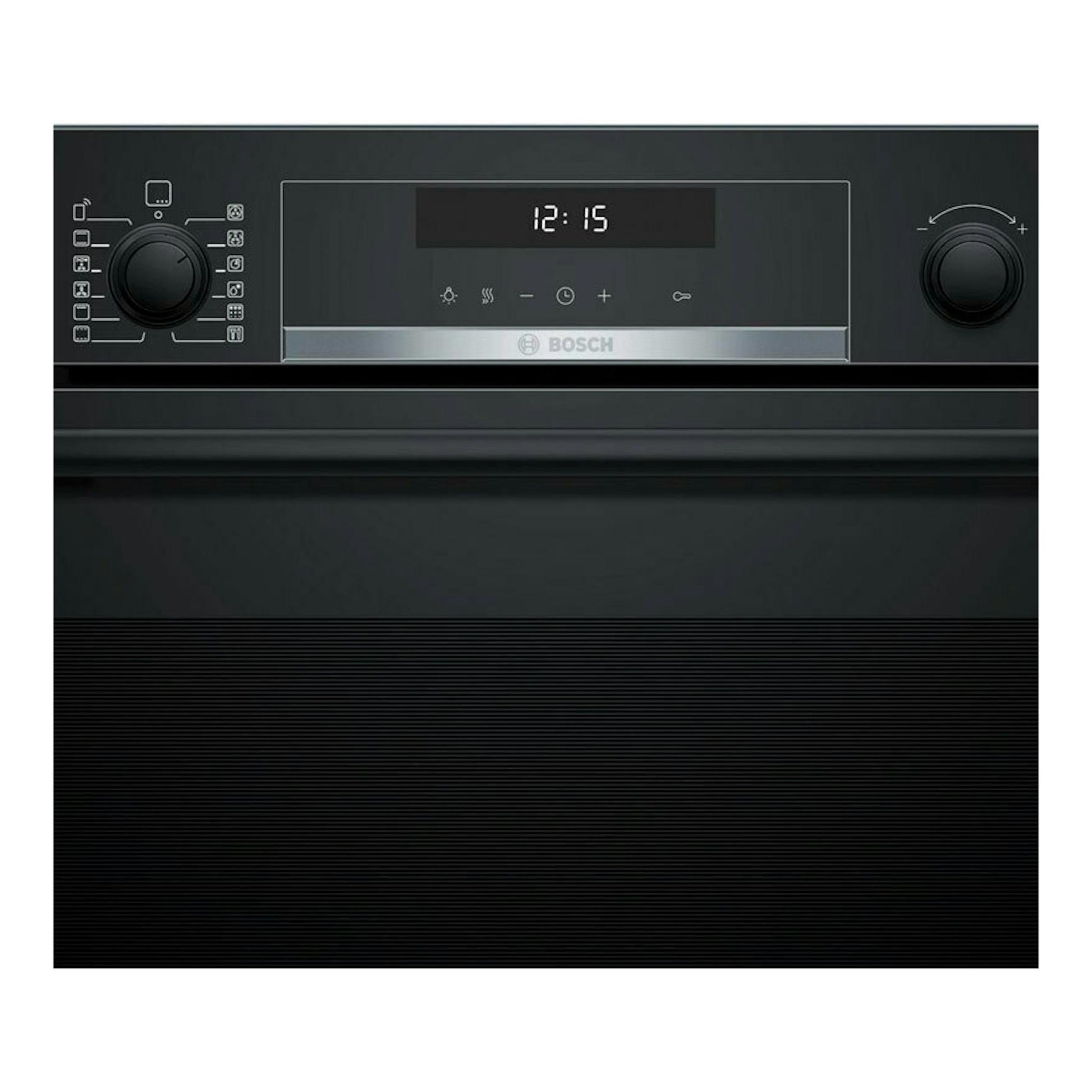 Horno Bosch HBG578EB7 negro, vista frontal, con panel digital y mandos giratorios.