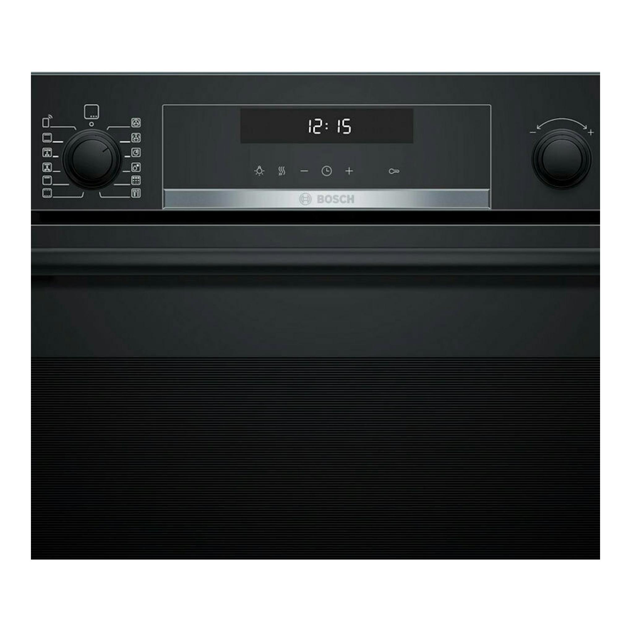 Horno Bosch HBG578EB7 negro, vista frontal, con panel digital y mandos giratorios.