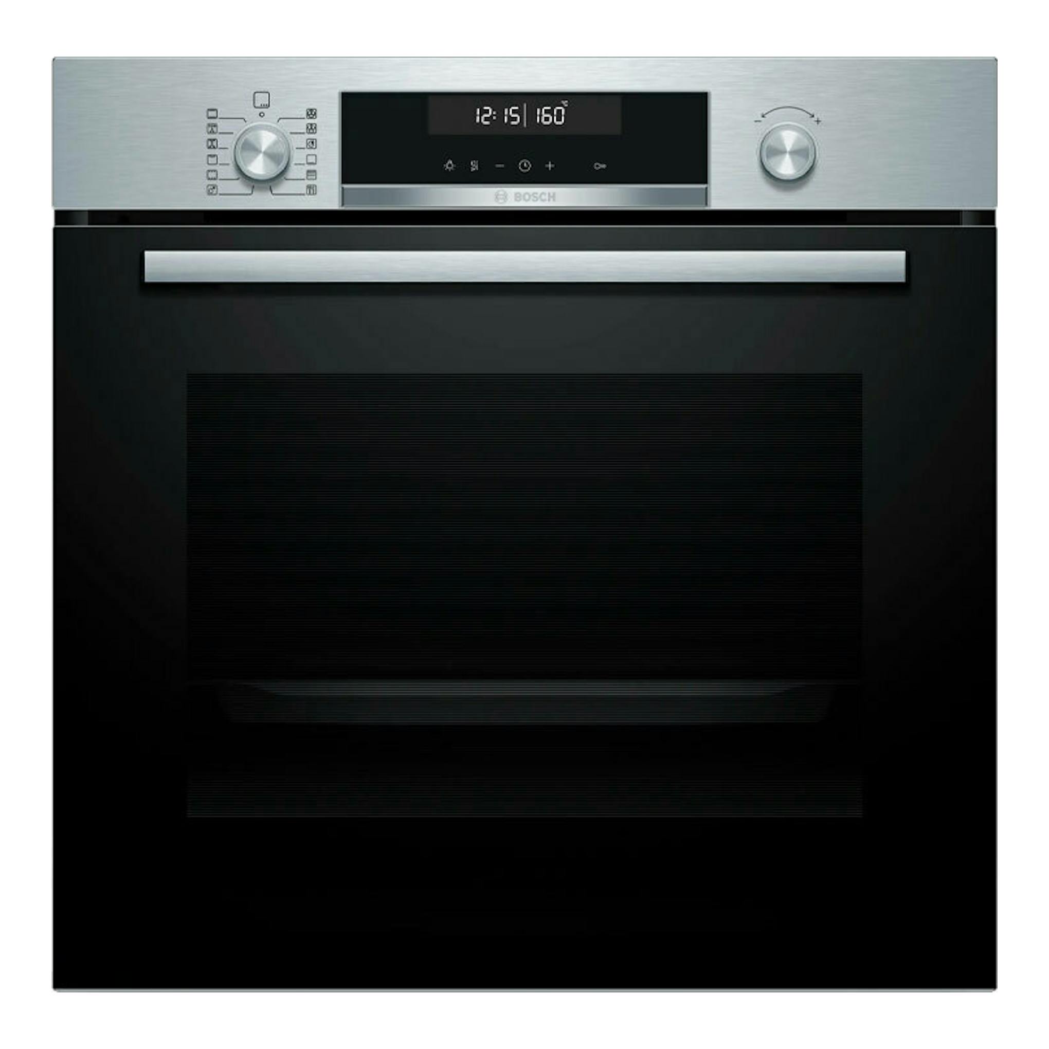 Horno Bosch HBG578ES3 inox, vista frontal, panel superior gris con display digital y puerta negra.