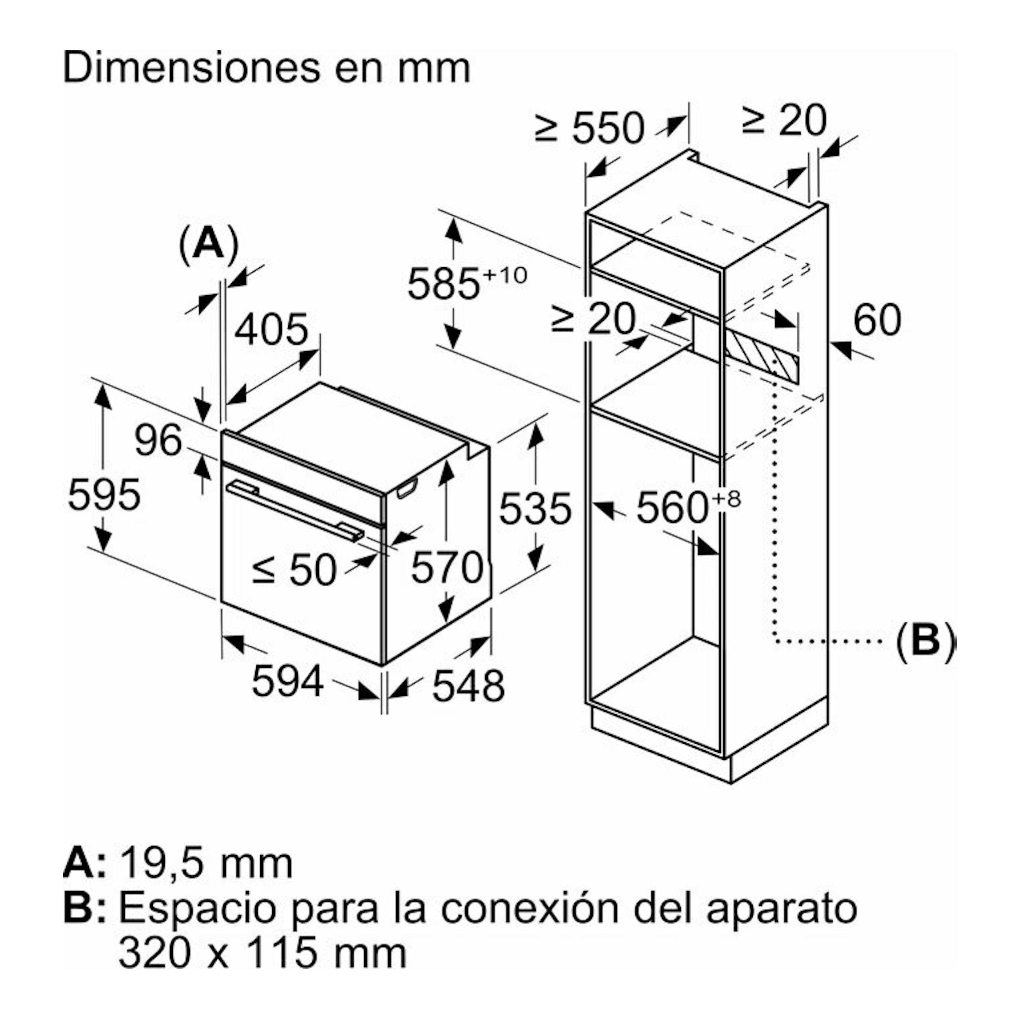 Bosch HBG578ES3 Inox: esquema técnico en blanco y negro de horno empotrable con medidas y vista frontal/lateral.
