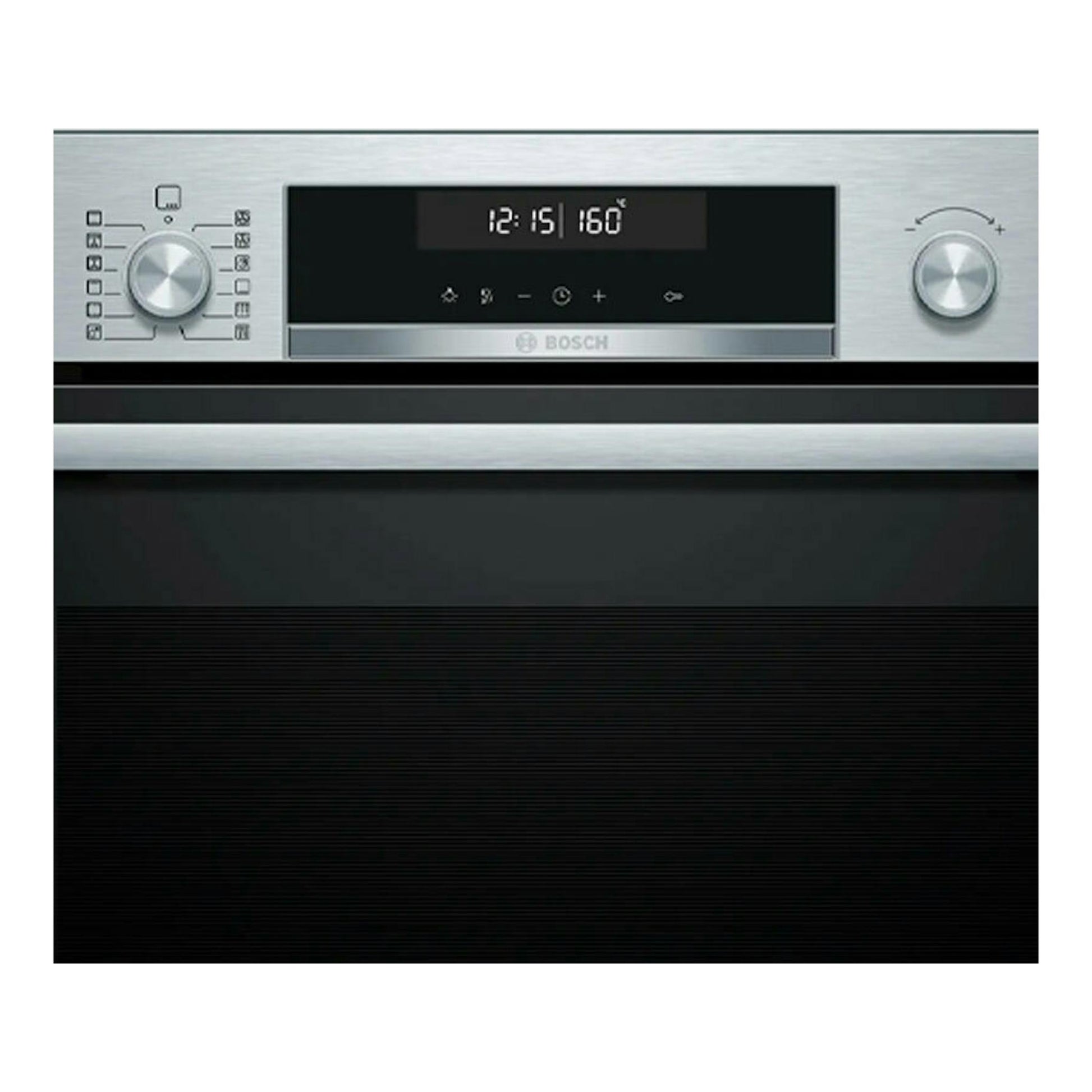 Horno Bosch HBG578ES3 Inox, vista frontal, panel digital negro y mandos plateados.