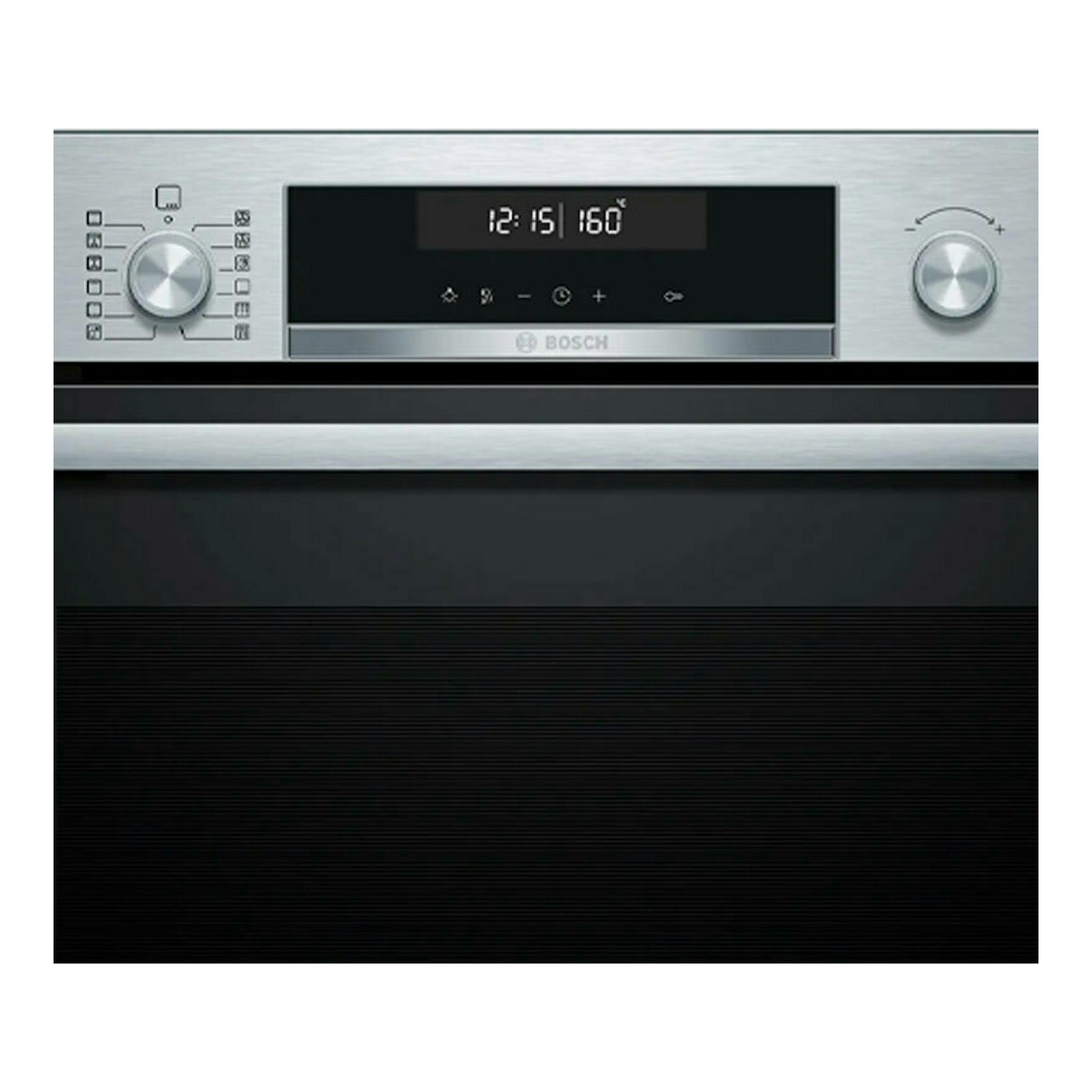 Horno Bosch HBG578ES3 Inox, vista frontal, panel digital negro y mandos plateados.