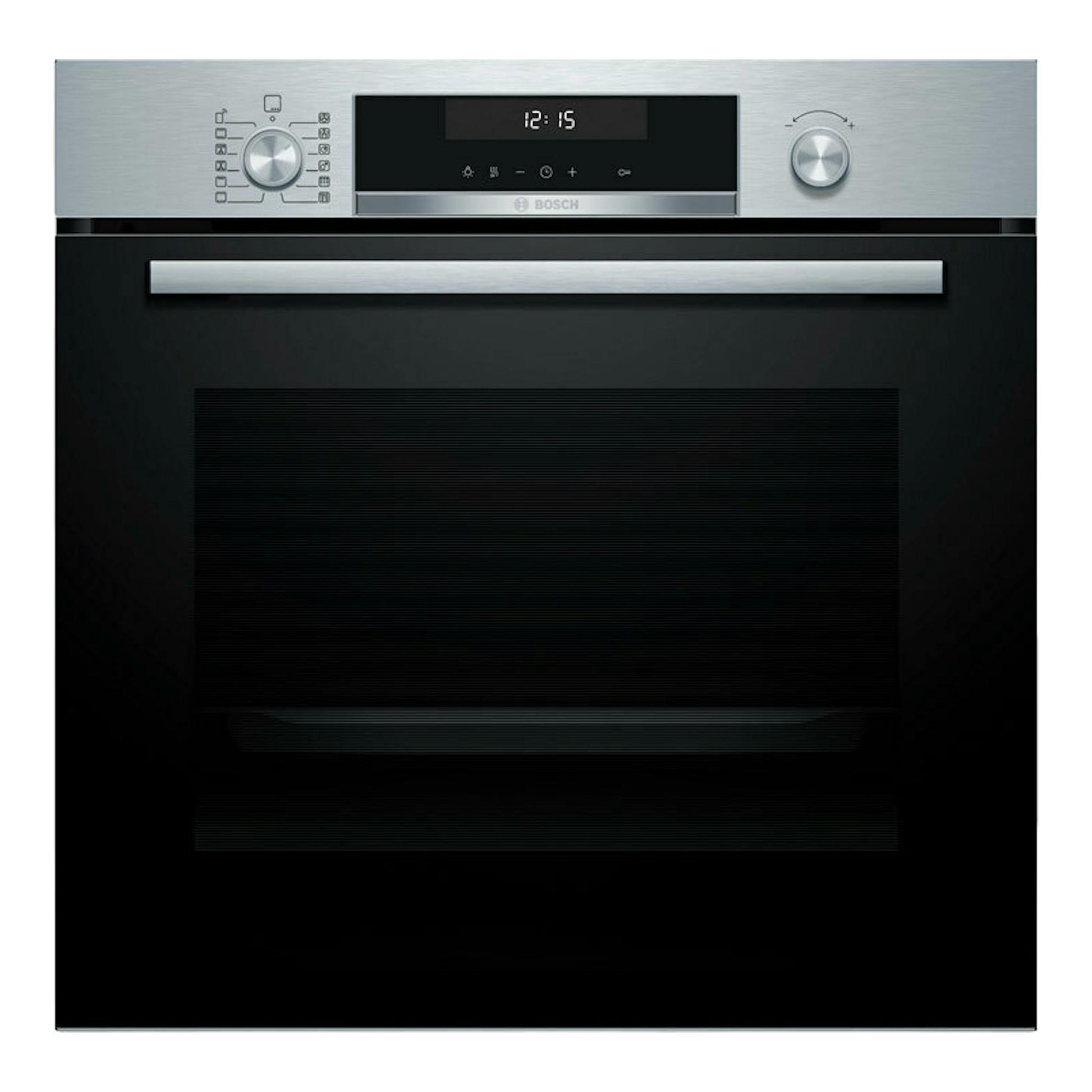 Horno Bosch HBG578ES7 inox, vista frontal, panel superior plateado y puerta negra con tirador horizontal.