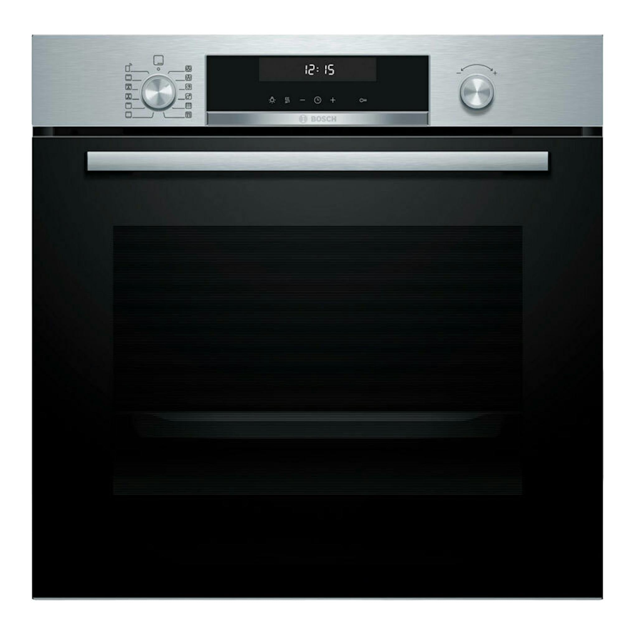 Horno Bosch HBG578ES7 inox, vista frontal, panel superior plateado y puerta negra con tirador horizontal.