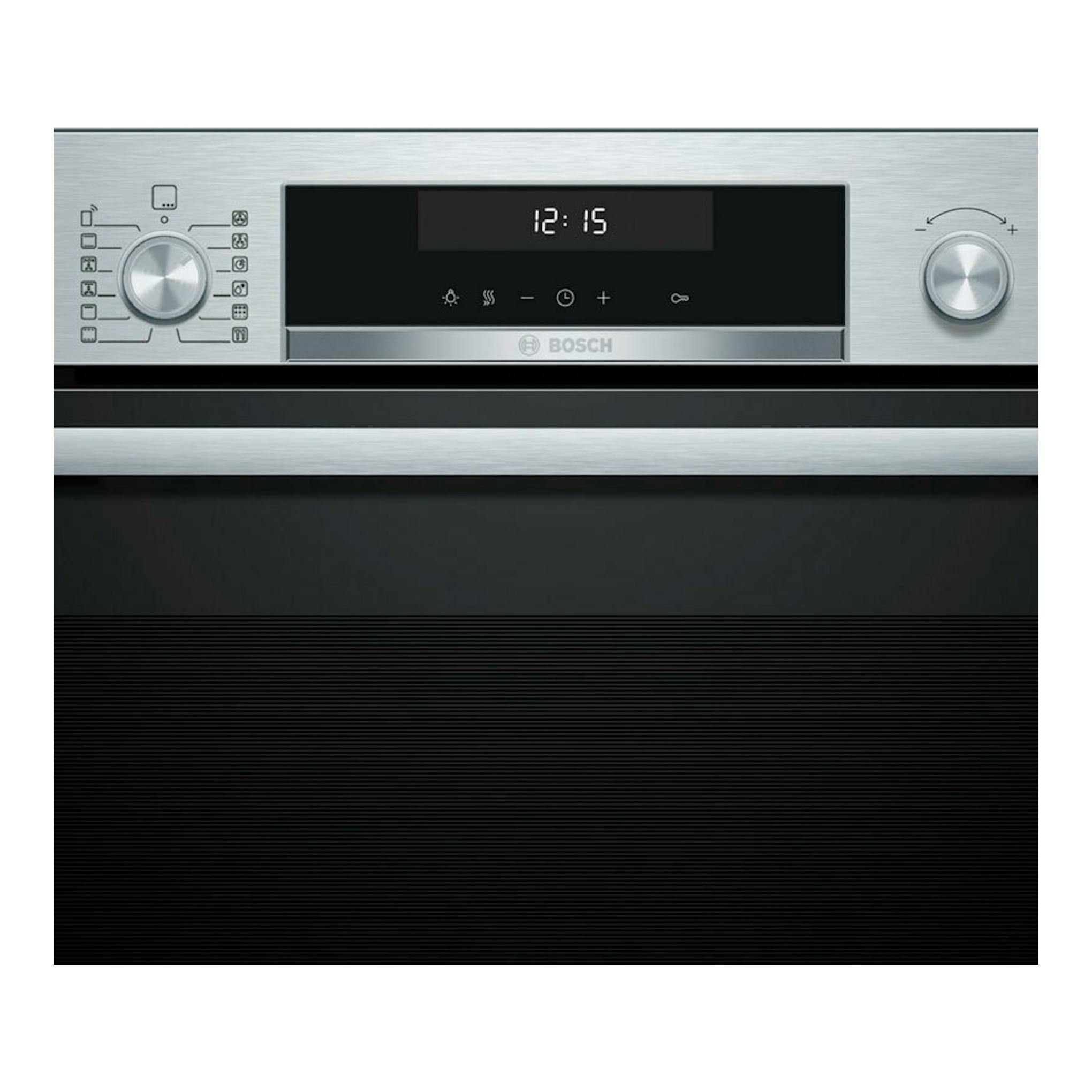 Horno Bosch HBG578ES7 de acero inoxidable, vista frontal, con panel negro, reloj digital y dos mandos.