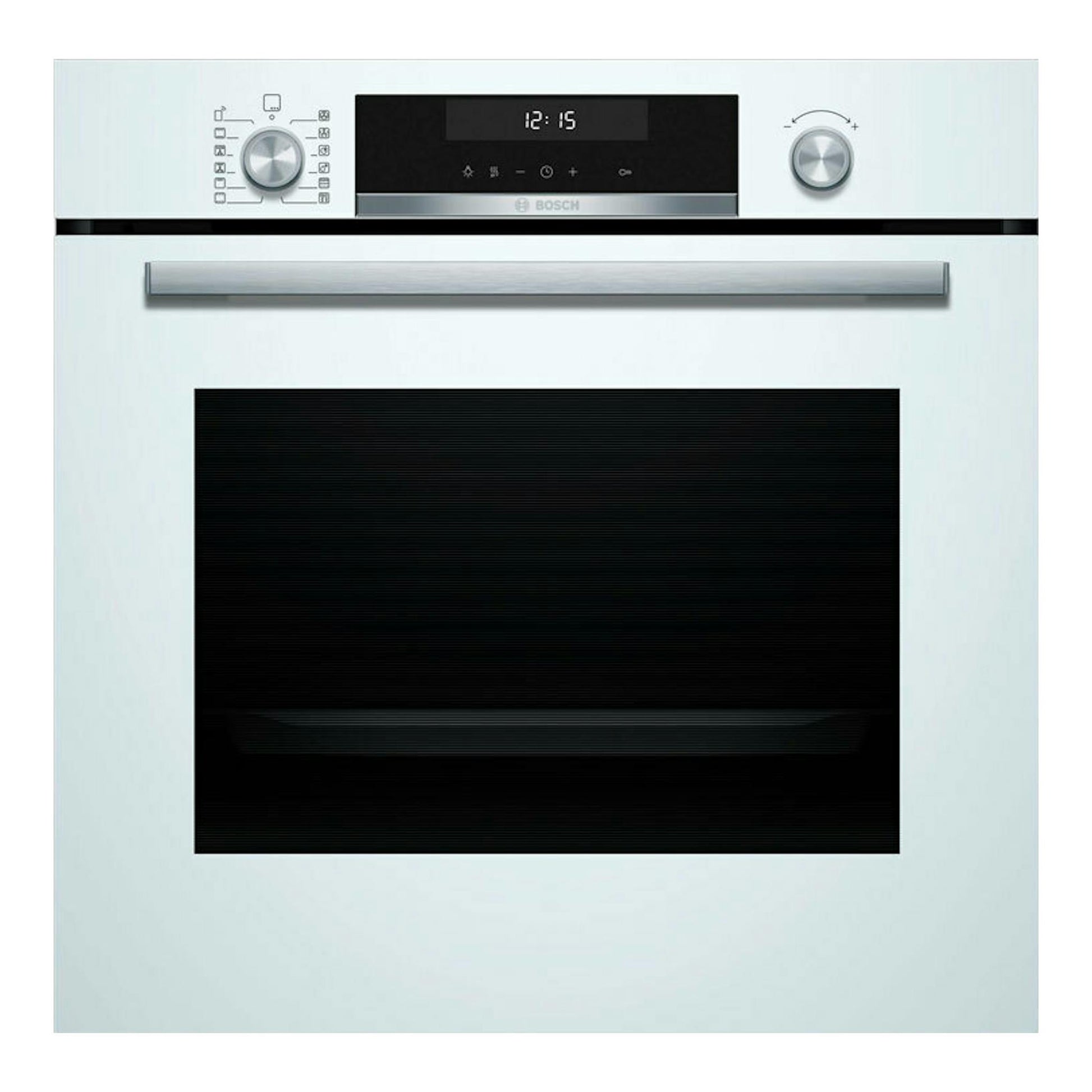 Horno Bosch HBG578EW7 blanco, vista frontal, con panel digital negro y puerta de cristal negro.