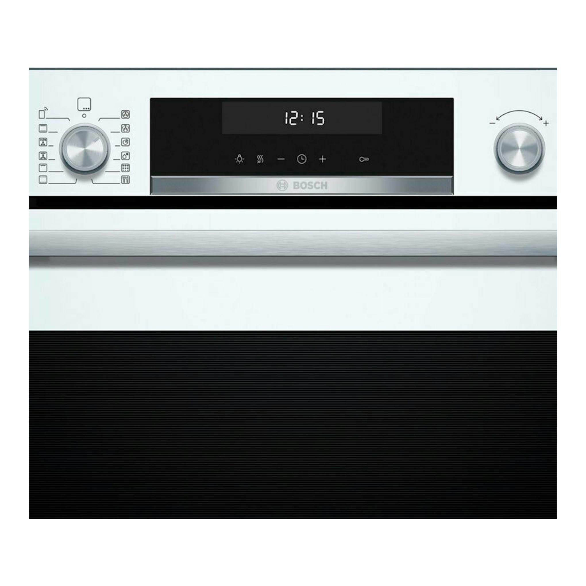 Horno Bosch HBG578EW7 blanco, vista frontal con panel digital, dos mandos y reloj a las 12:15.