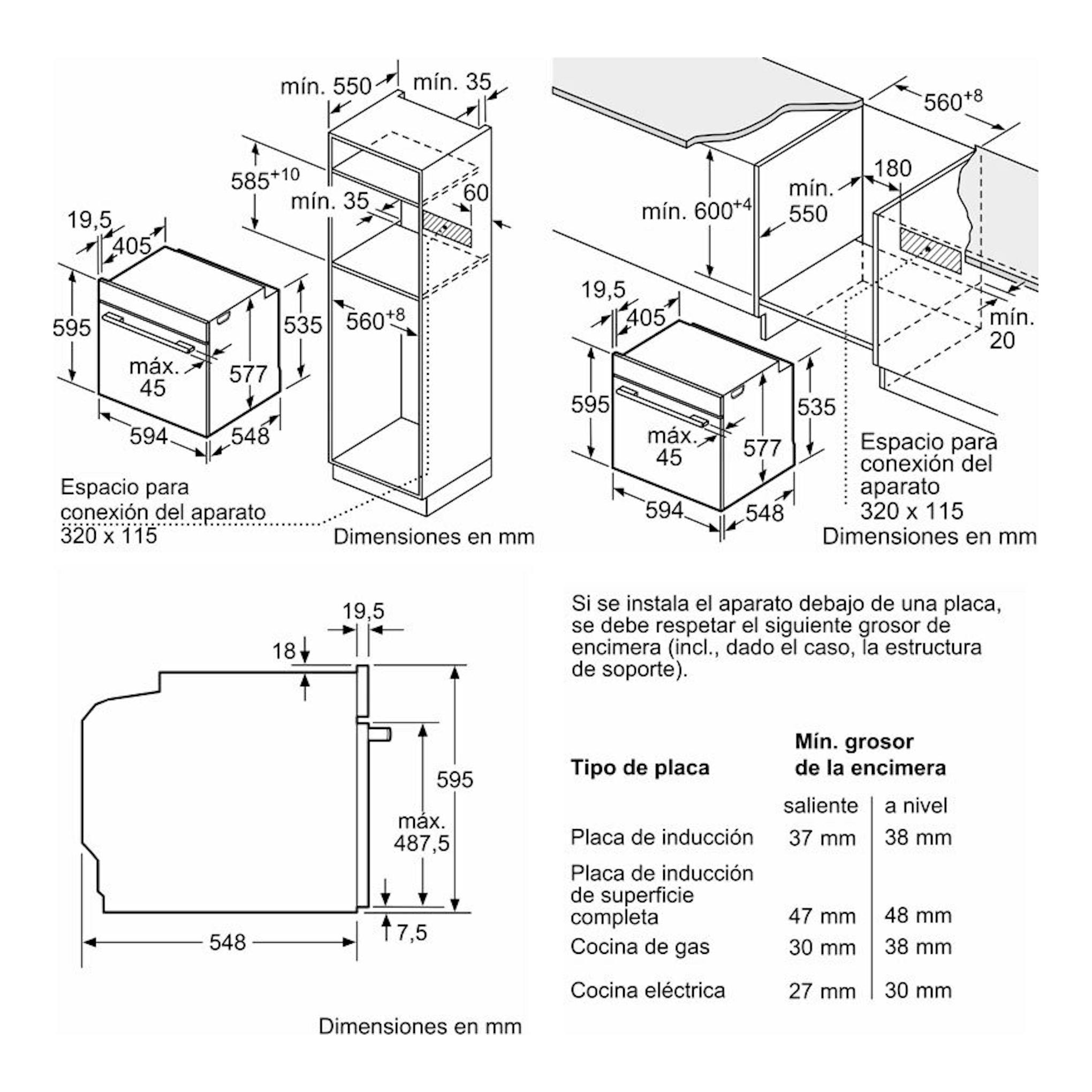 Bosch HBG7741B1 negro: esquema técnico de instalación del horno, vistas frontal y lateral con medidas en mm.