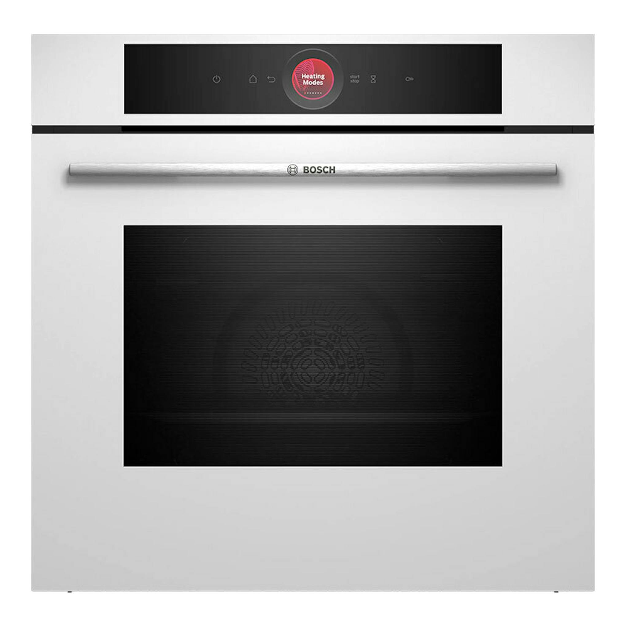 Horno Bosch HBG7741W1 blanco, vista frontal, con puerta de cristal negro y panel táctil superior.