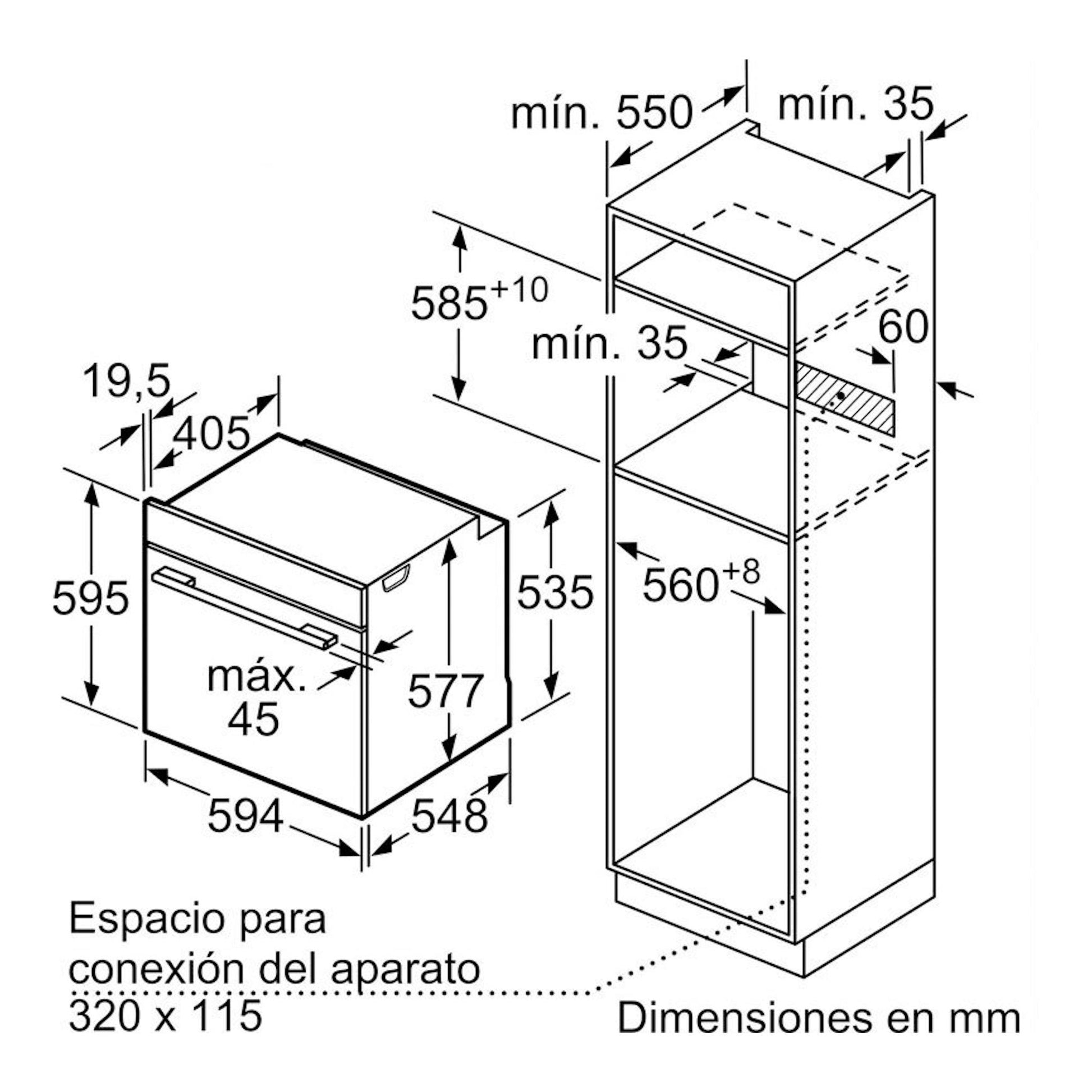 Bosch HBG774KB1, horno negro empotrable, vista técnica con medidas de instalación.