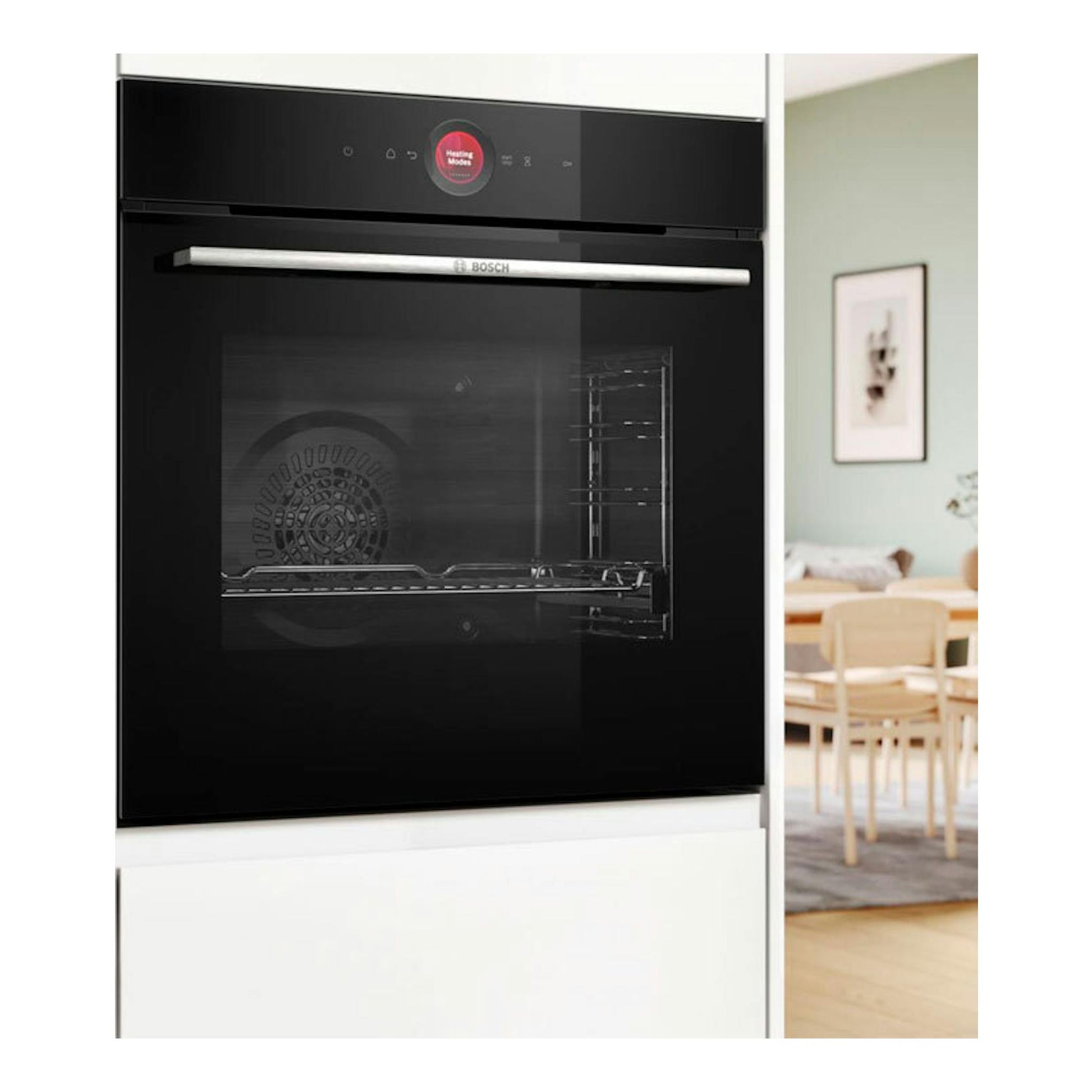 Horno Bosch HBG774KB1 negro, empotrado, vista frontal, con puerta de cristal y asa metálica.