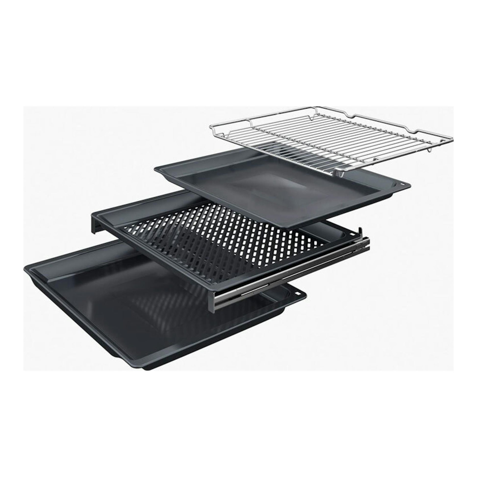 Bosch HBG774KB1 negro: cuatro bandejas y una rejilla extraíbles, dispuestas en vista frontal.